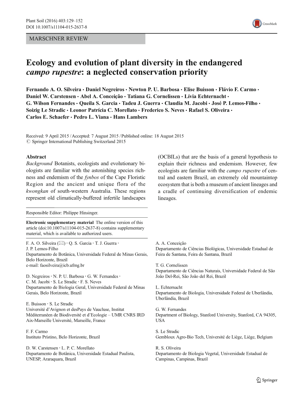 Ecology and Evolution of Plant Diversity in the Endangered Campo Rupestre: a Neglected Conservation Priority