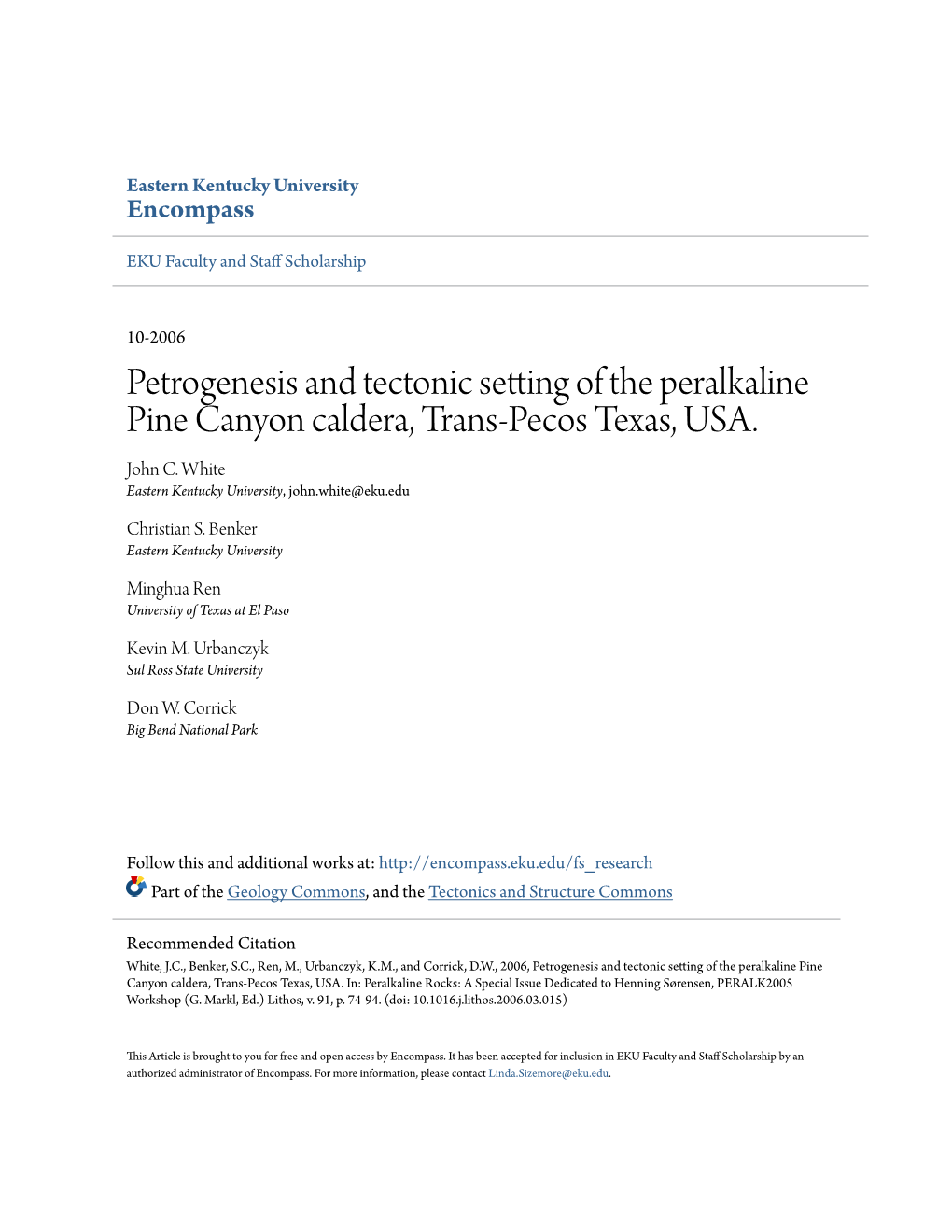 Petrogenesis and Tectonic Setting of the Peralkaline Pine Canyon Caldera, Trans-Pecos Texas, USA