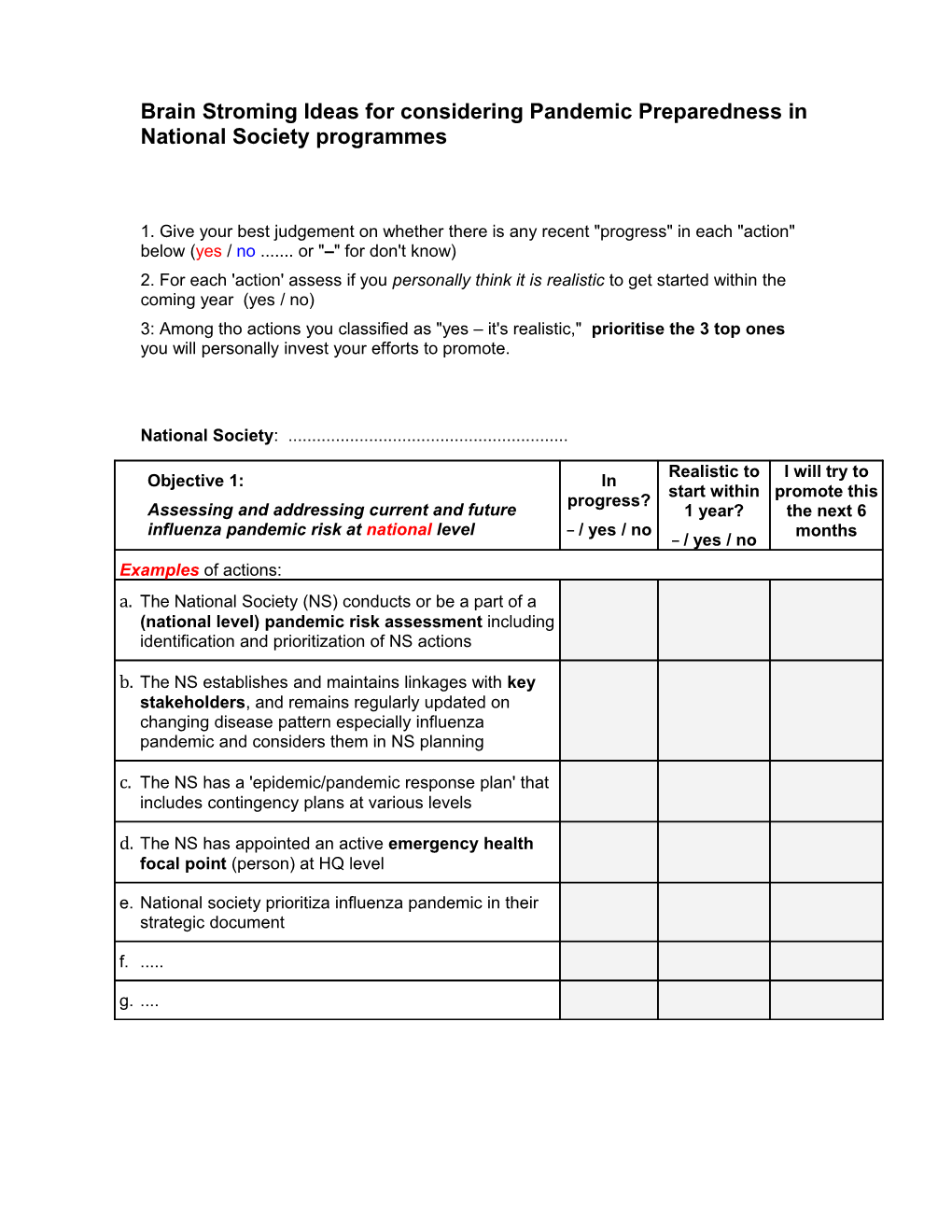 Brain Stroming Ideas for Considering Pandemic Preparedness in National Society Programmes