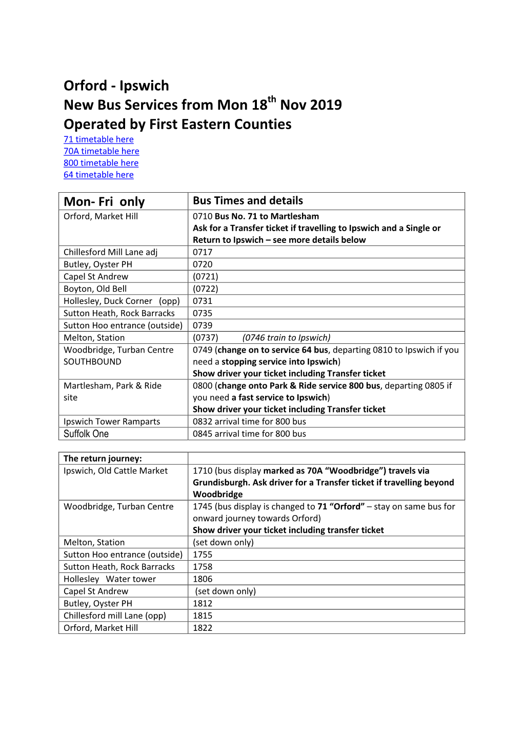 Orford - Ipswich New Bus Services from Mon 18Th Nov 2019 Operated by First Eastern Counties 71 Timetable Here 70A Timetable Here 800 Timetable Here 64 Timetable Here