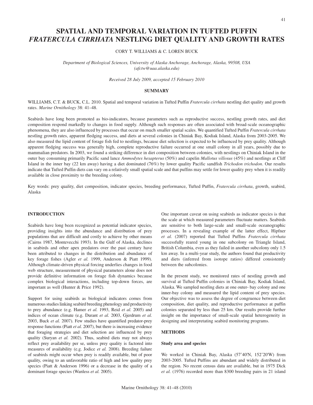 Spatial and Temporal Variation in Tufted Puffin Fratercula Cirrhata Nestling Diet Quality and Growth Rates