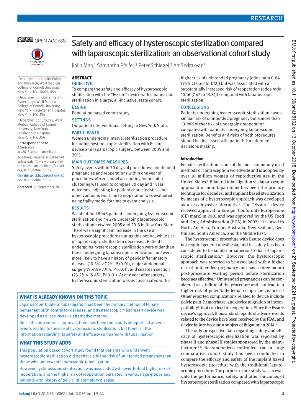 Safety and Efficacy of Hysteroscopic Sterilization Compared BMJ: First Published As 10.1136/Bmj.H5162 on 13 October 2015