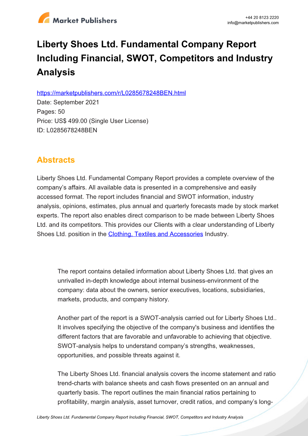 Liberty Shoes Ltd. Fundamental Company Report Including