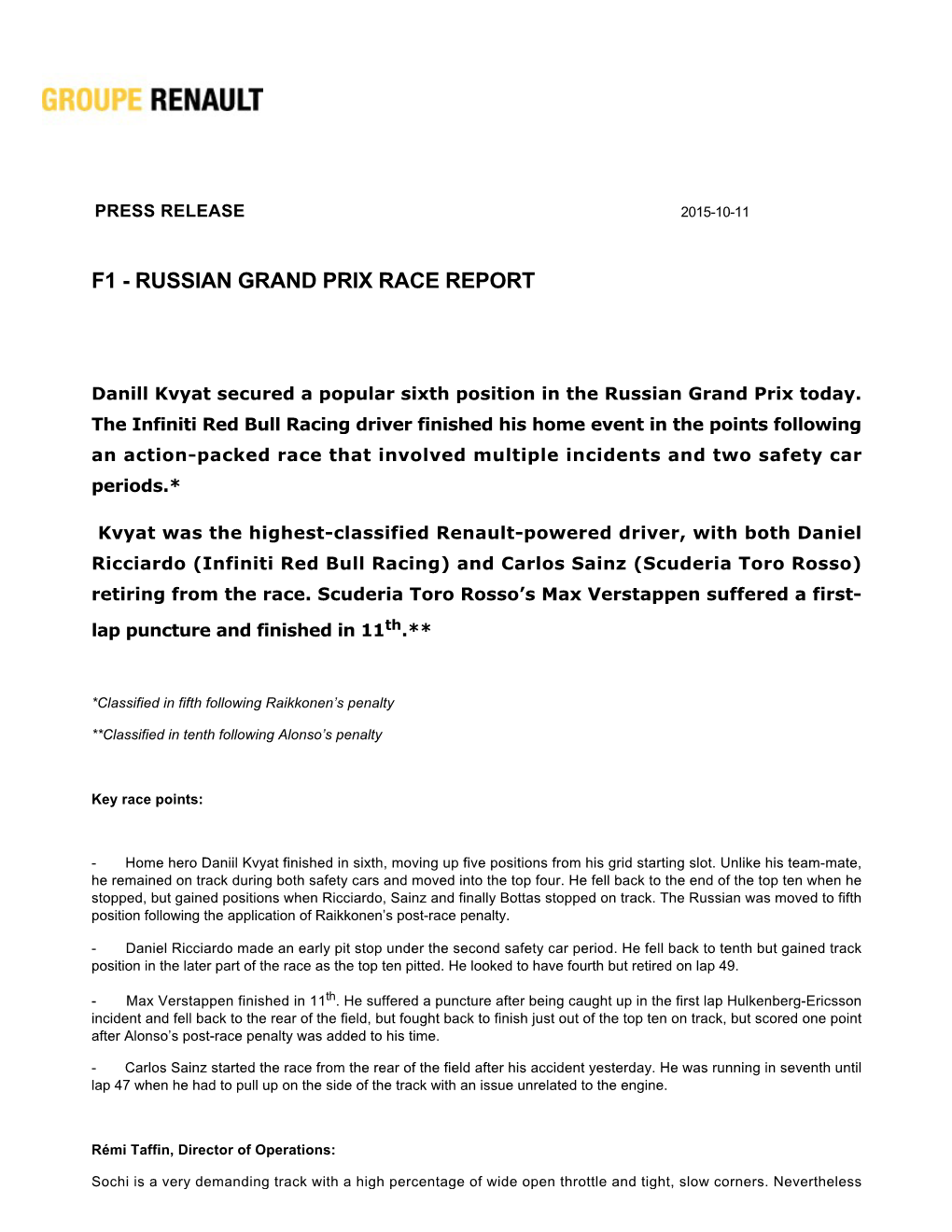 F1 Russian Grand Prix Race Report