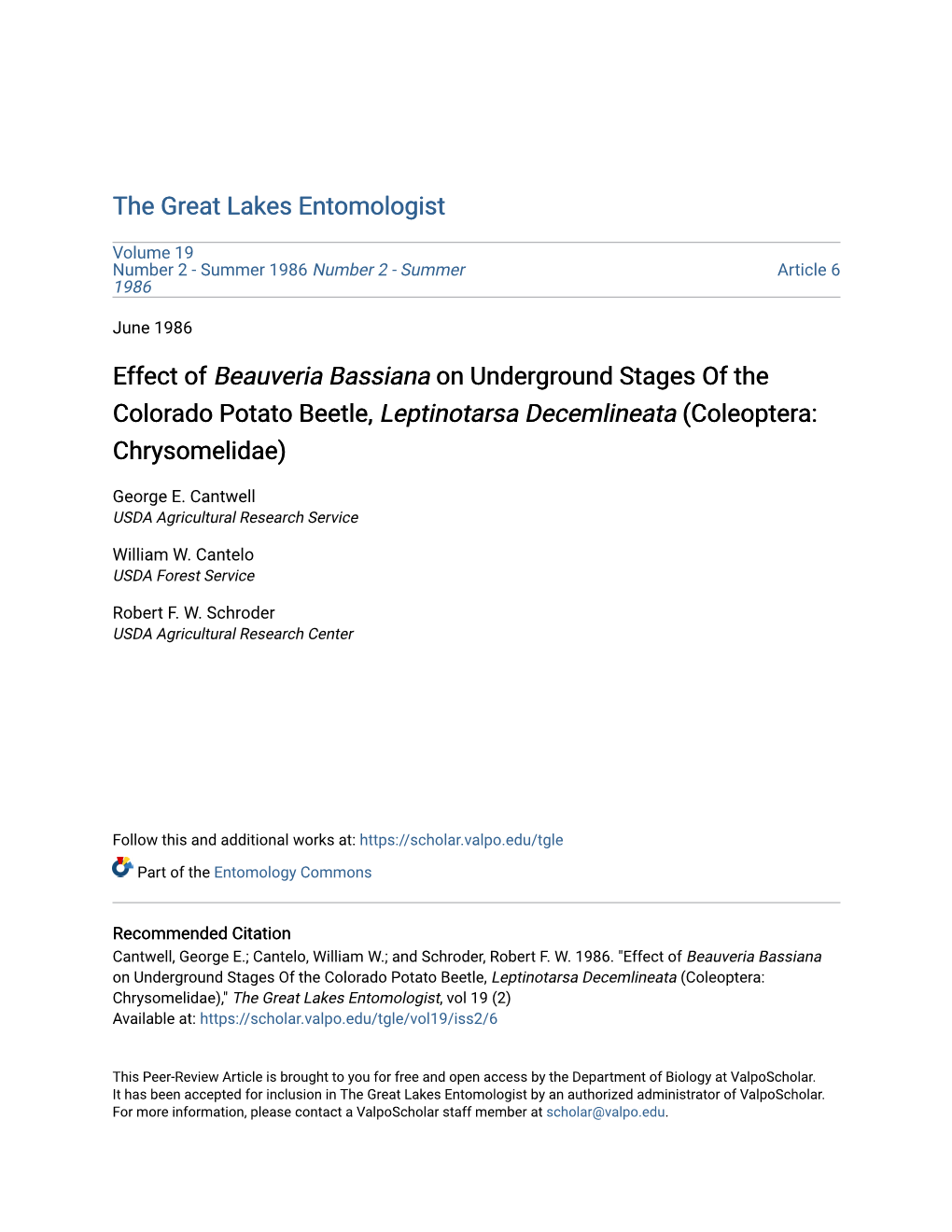 Effect of Beauveria Bassiana on Underground Stages of the Colorado Potato Beetle, Leptinotarsa Decemlineata (Coleoptera: Chrysomelidae)