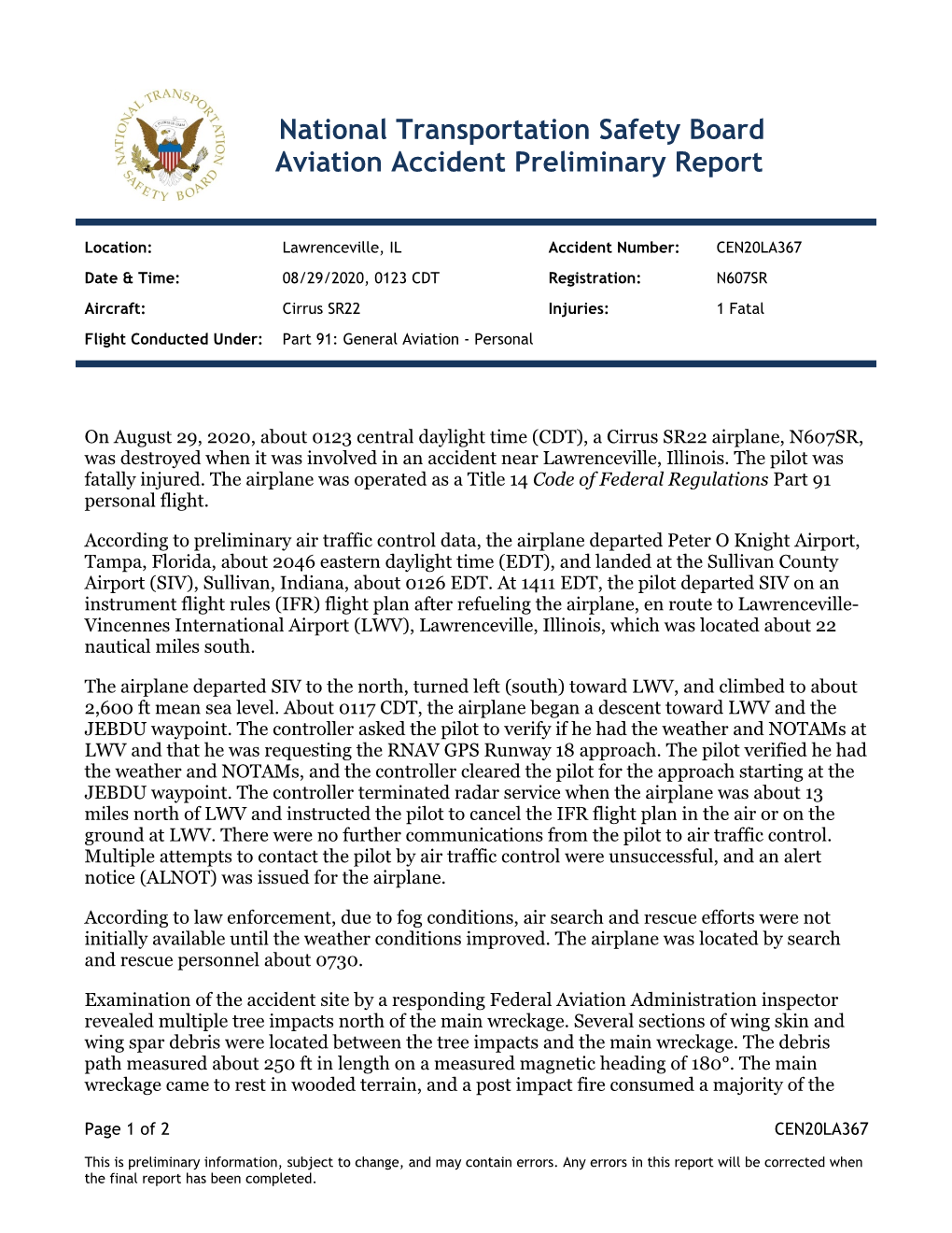 National Transportation Safety Board Aviation Accident Preliminary Report