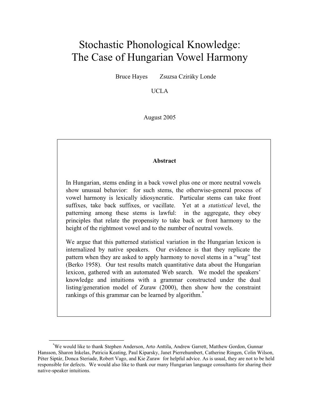 The Case of Hungarian Vowel Harmony
