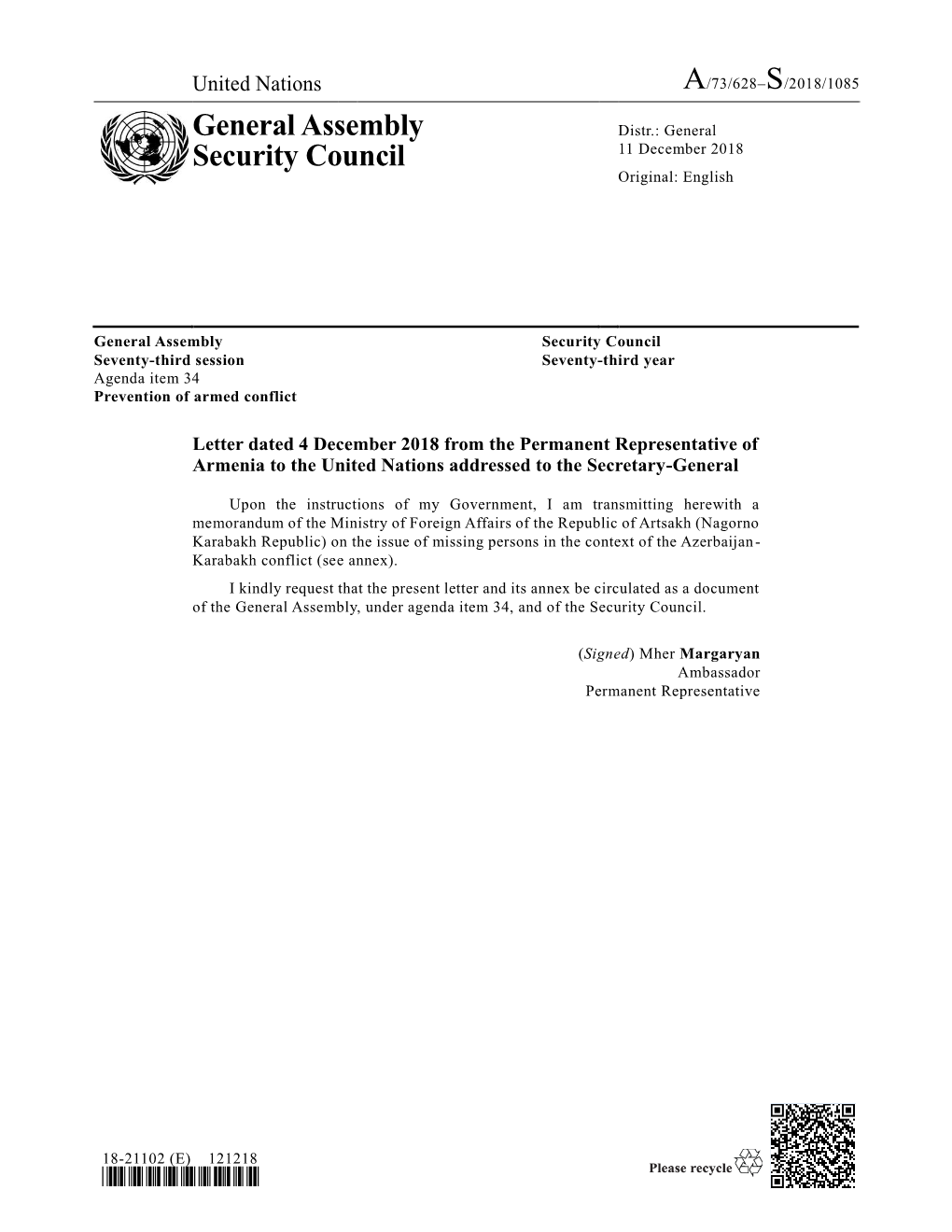 General Assembly Security Council Seventy-Third Session Seventy-Third Year Agenda Item 34 Prevention of Armed Conflict