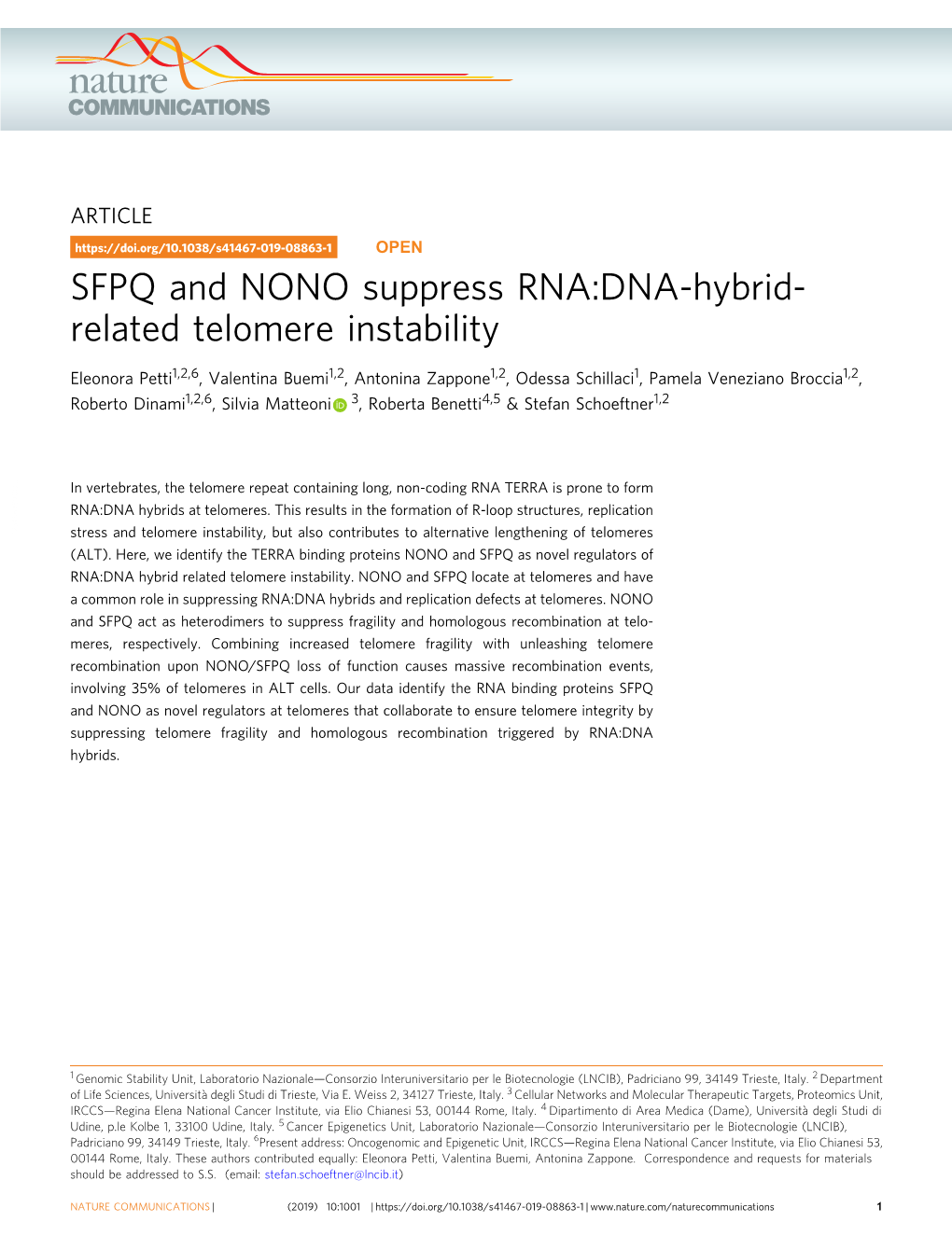 SFPQ and NONO Suppress RNA:DNA-Hybrid-Related Telomere