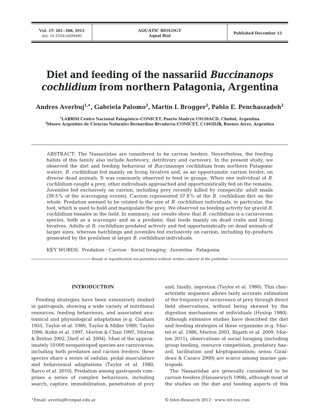 Diet and Feeding of the Nassariid Buccinanops Cochlidium from Northern Patagonia, Argentina