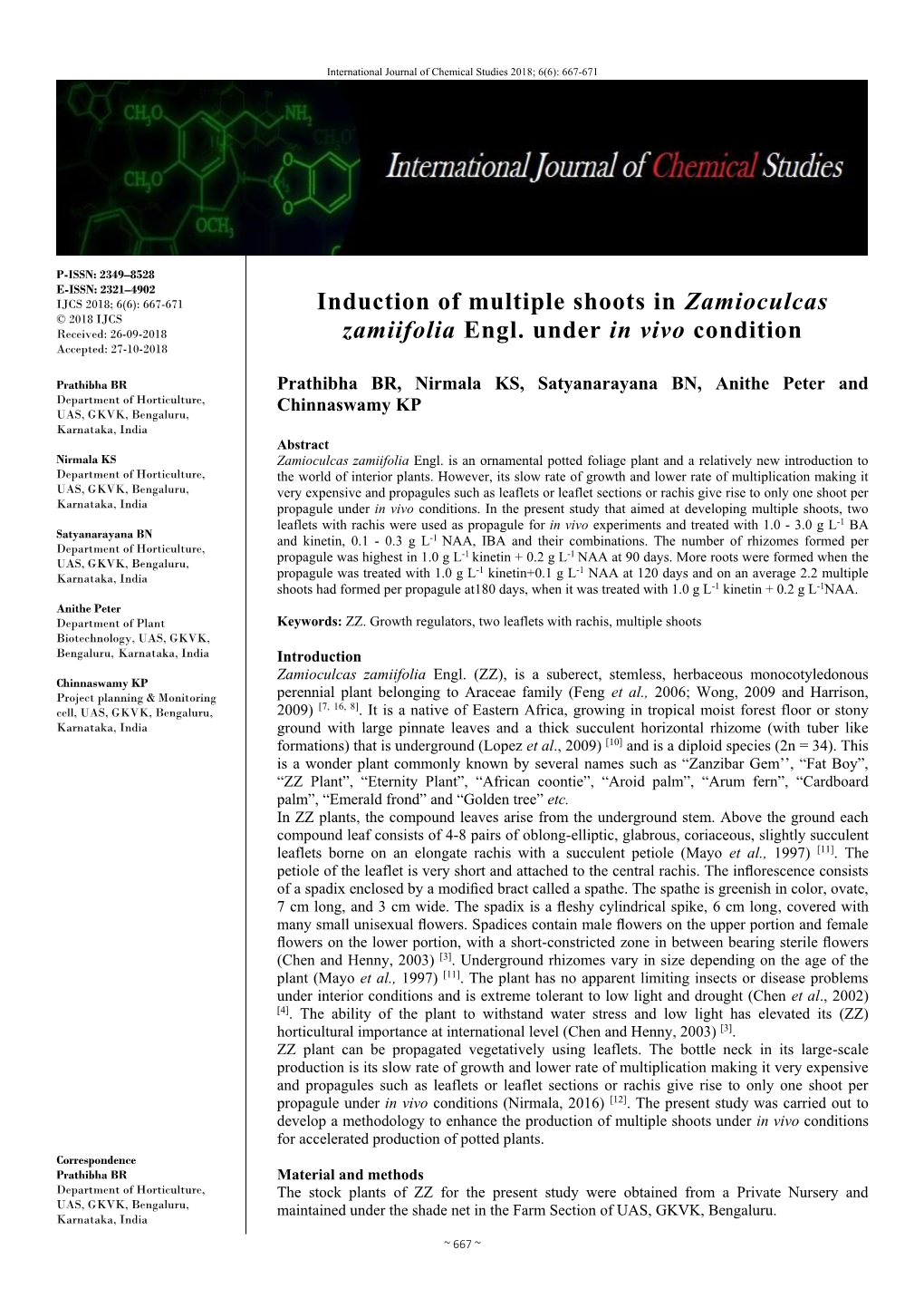 Induction of Multiple Shoots in Zamioculcas Zamiifolia Engl. Under in Vivo Condition