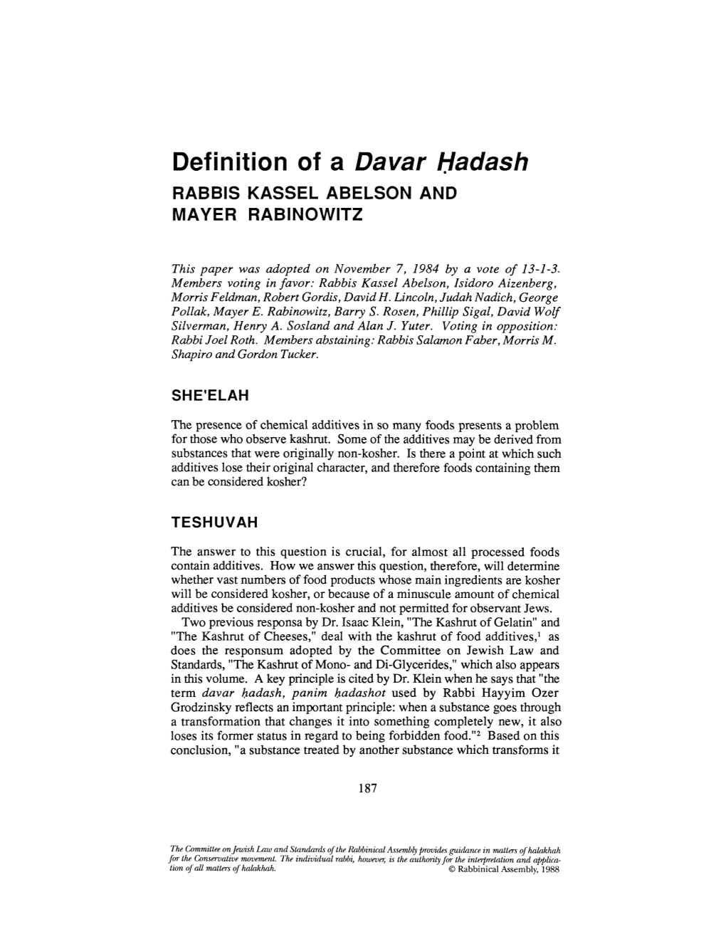 Definition of a Davar Hadash RABBIS KASSEL ABELSON and MAYER RABINOWITZ