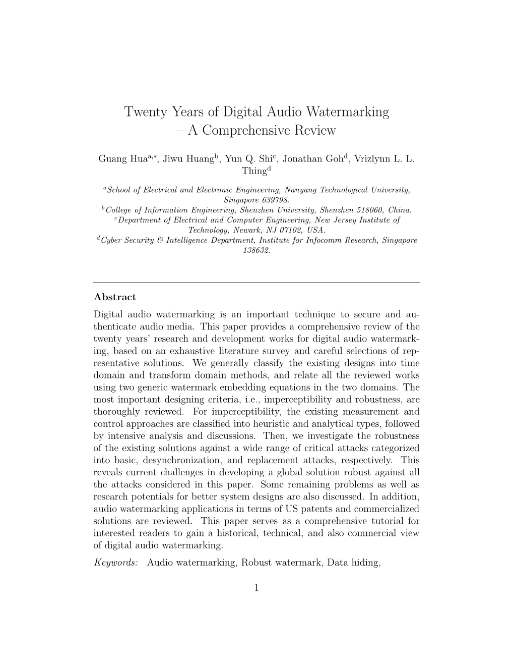 Twenty Years of Digital Audio Watermarking – a Comprehensive Review