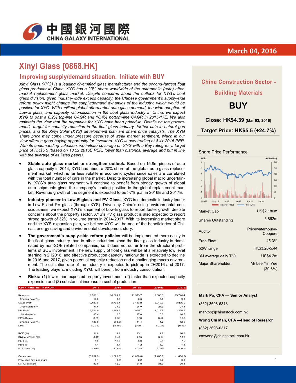 Xinyi Glass [0868.HK] Improving Supply/Demand Situation