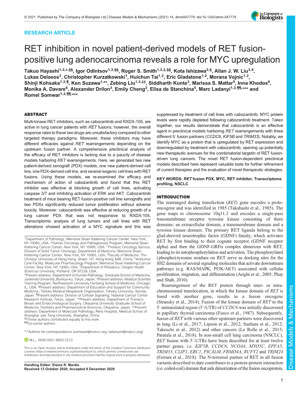 RET Inhibition in Novel Patient-Derived Models of RET Fusion