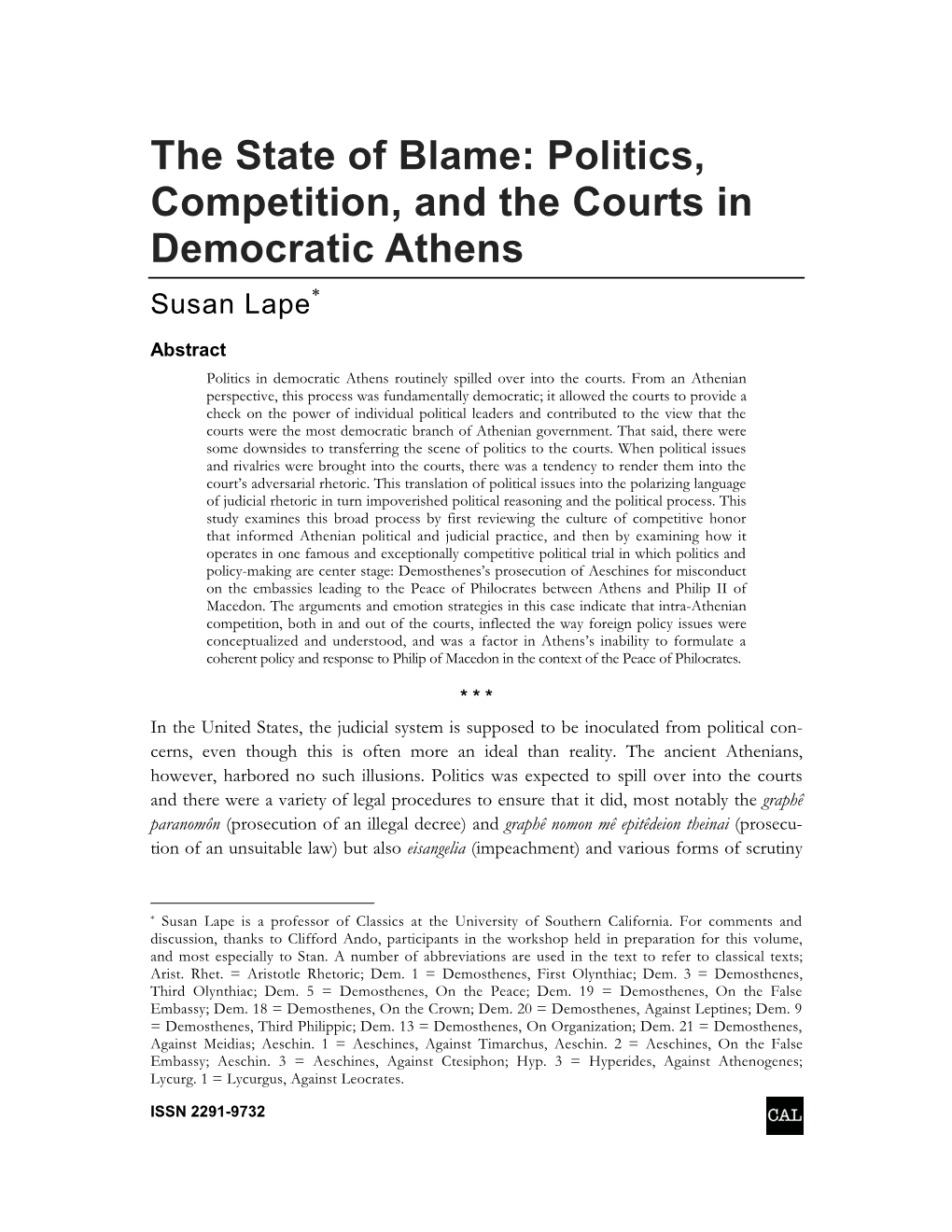 Politics, Competition, and the Courts in Democratic Athens Susan Lape*