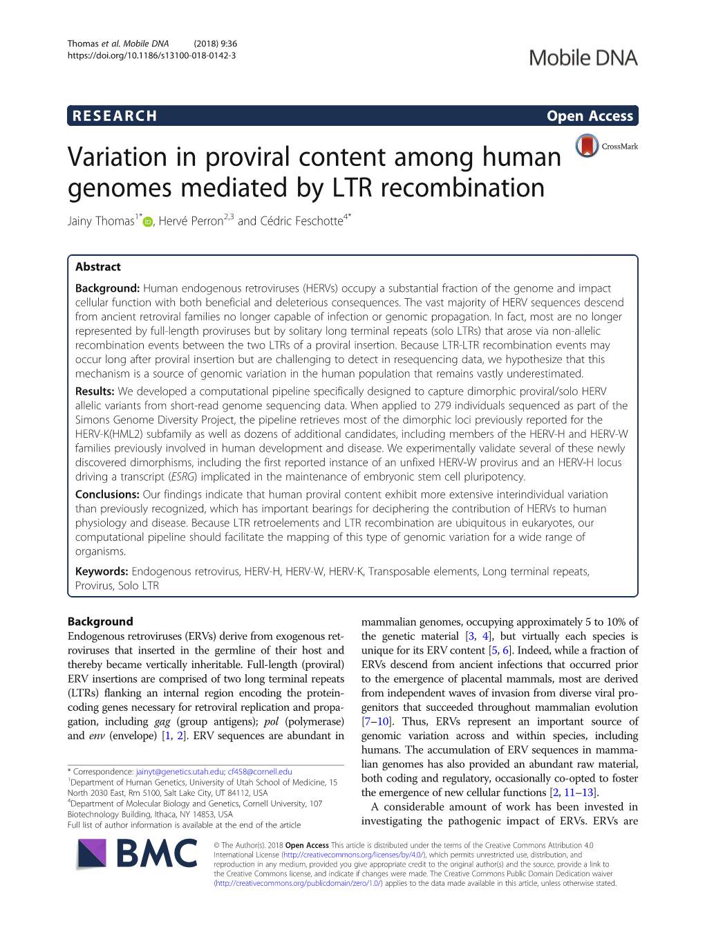 Variation in Proviral Content Among Human Genomes Mediated by LTR Recombination Jainy Thomas1* , Hervé Perron2,3 and Cédric Feschotte4*