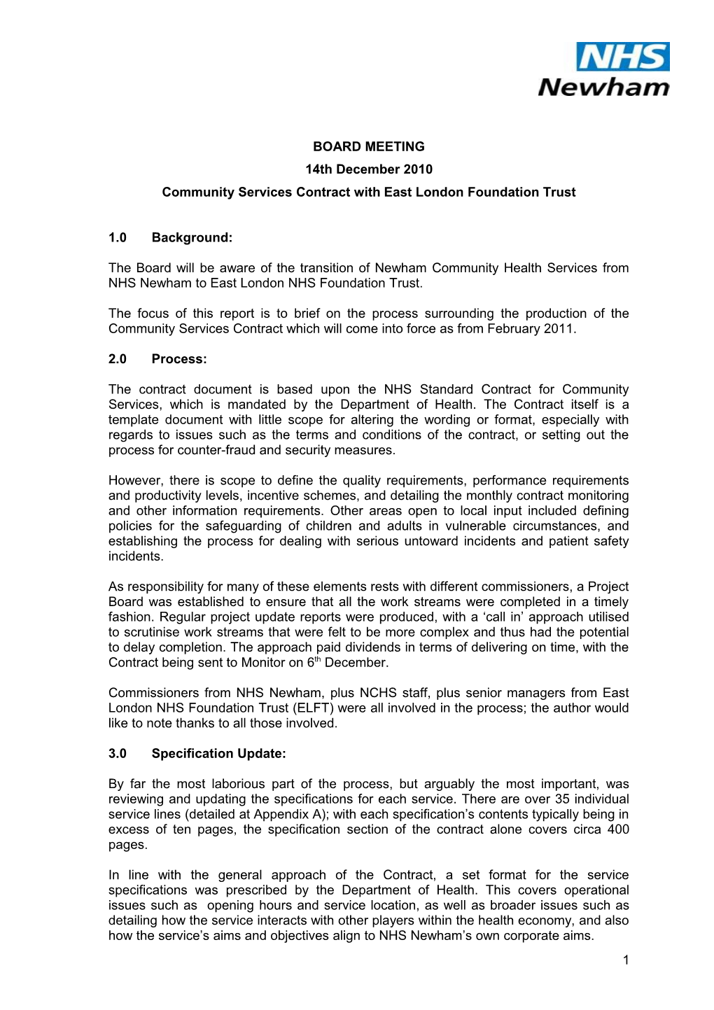 Community Services Contract with East London Foundation Trust