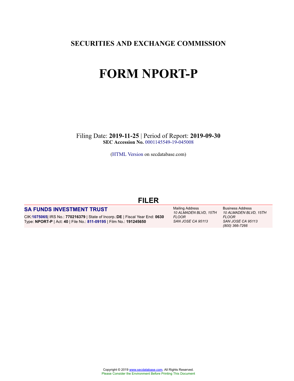 SA FUNDS INVESTMENT TRUST Form NPORT-P Filed 2019-11-25