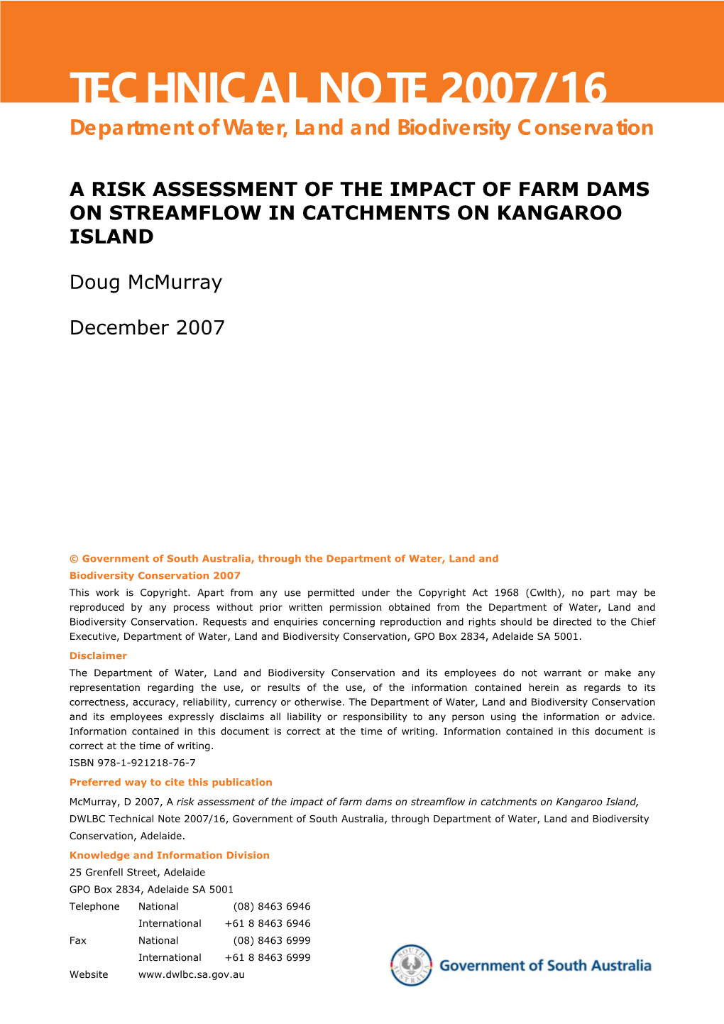 A Risk Assessment of the Impact of Farm Dams on Streamflow in Catchments on Kangaroo Island