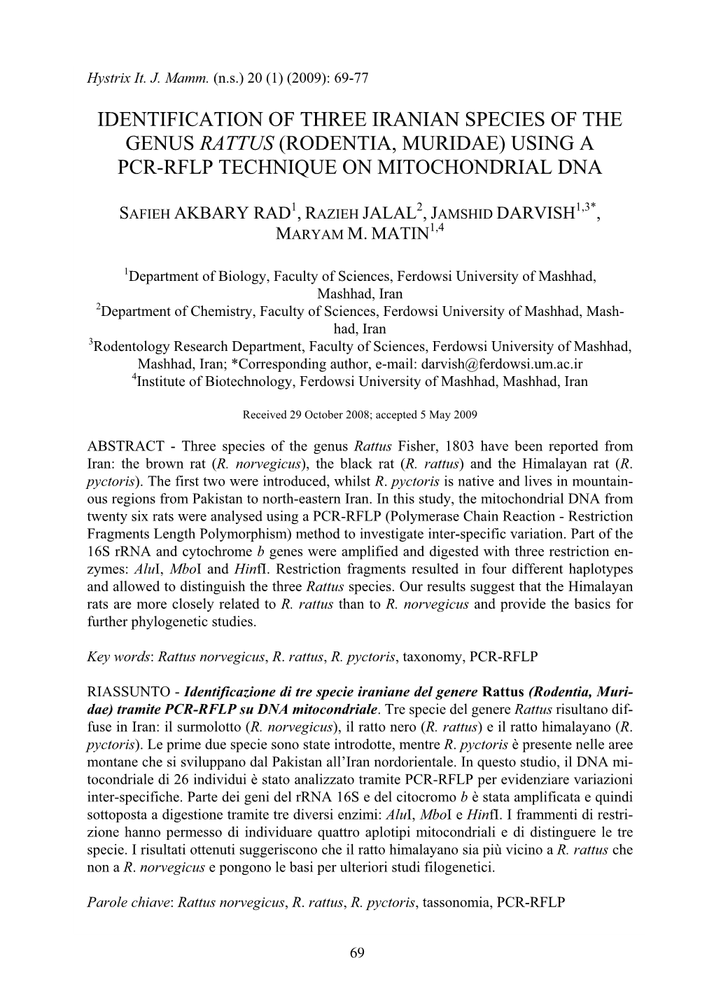 Identification of Three Iranian Species of the Genus Rattus (Rodentia, Muridae) Using a Pcr-Rflp Technique on Mitochondrial Dna