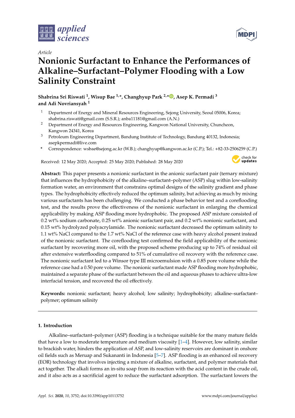 Nonionic Surfactant to Enhance the Performances of Alkaline–Surfactant–Polymer Flooding with a Low Salinity Constraint