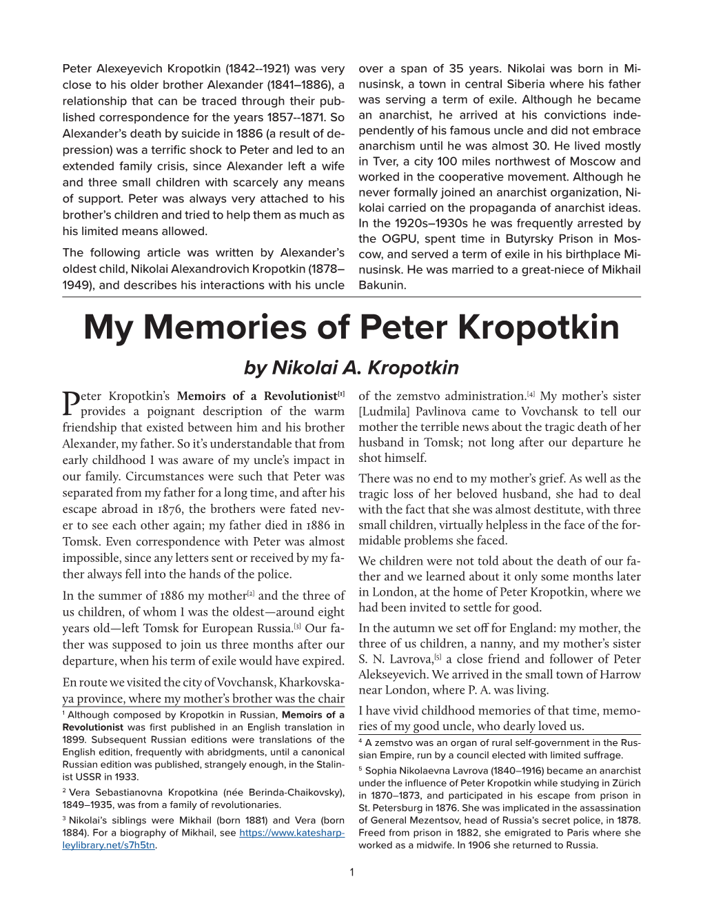 My Memories of Peter Kropotkin by Nikolai A