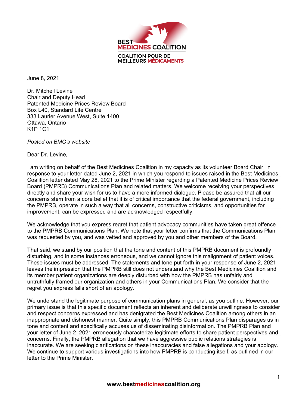 Letter Responding to PMPRB Board Chair