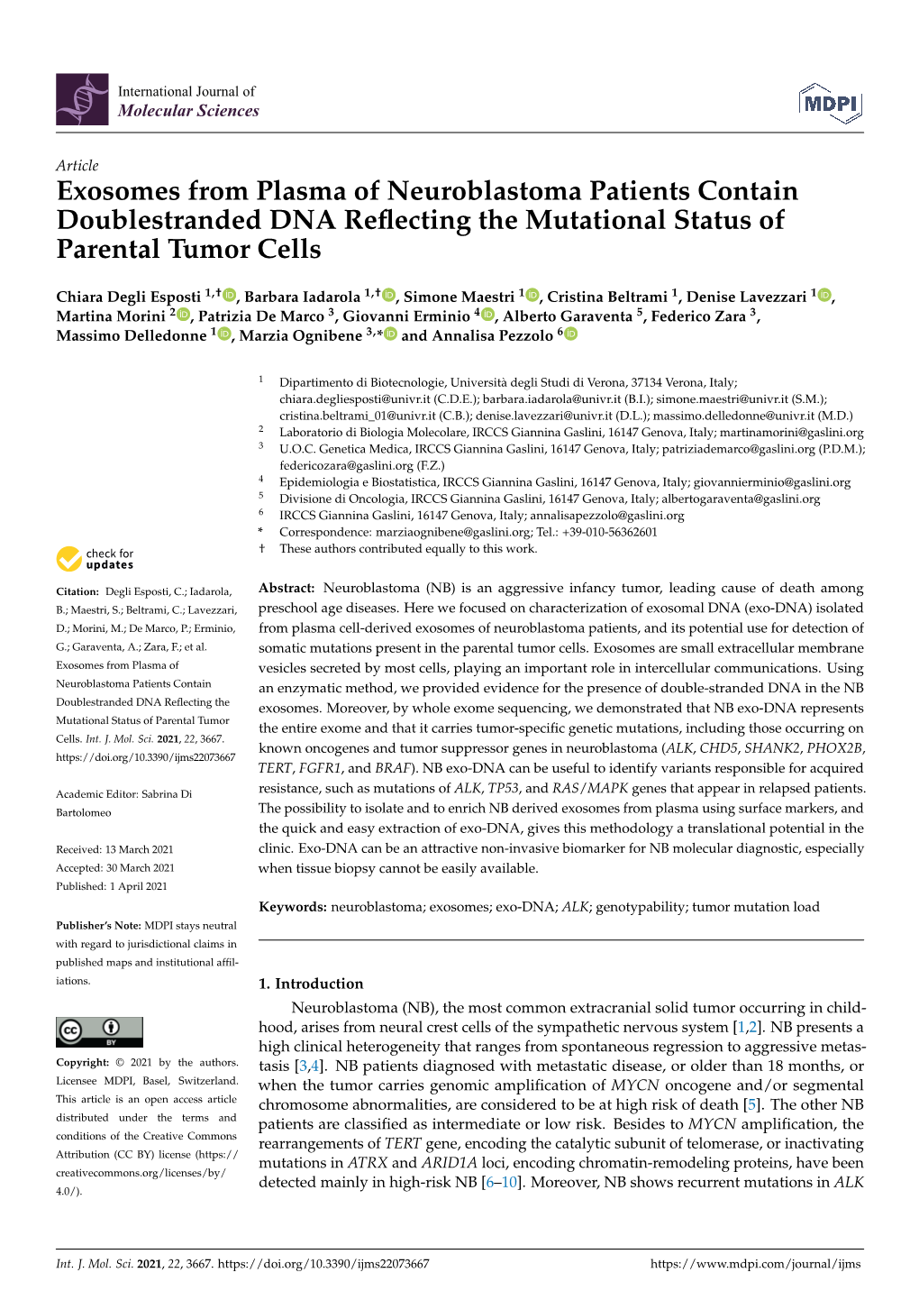 Exosomes from Plasma of Neuroblastoma Patients Contain Doublestranded DNA Reﬂecting the Mutational Status of Parental Tumor Cells