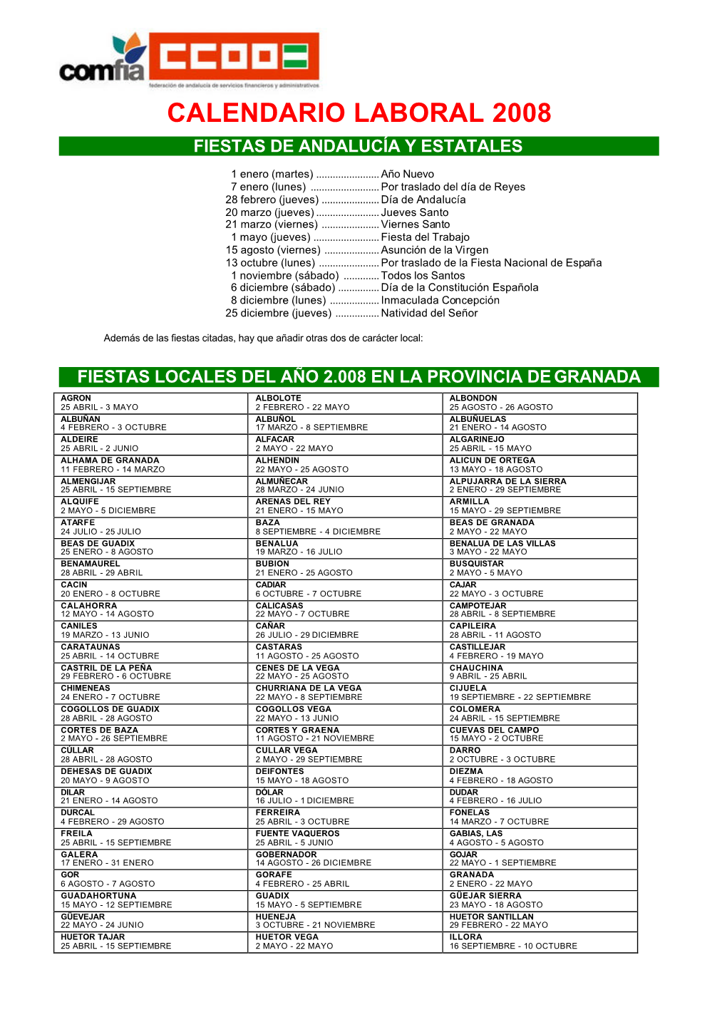 Calendario Laboral De Granada 2008