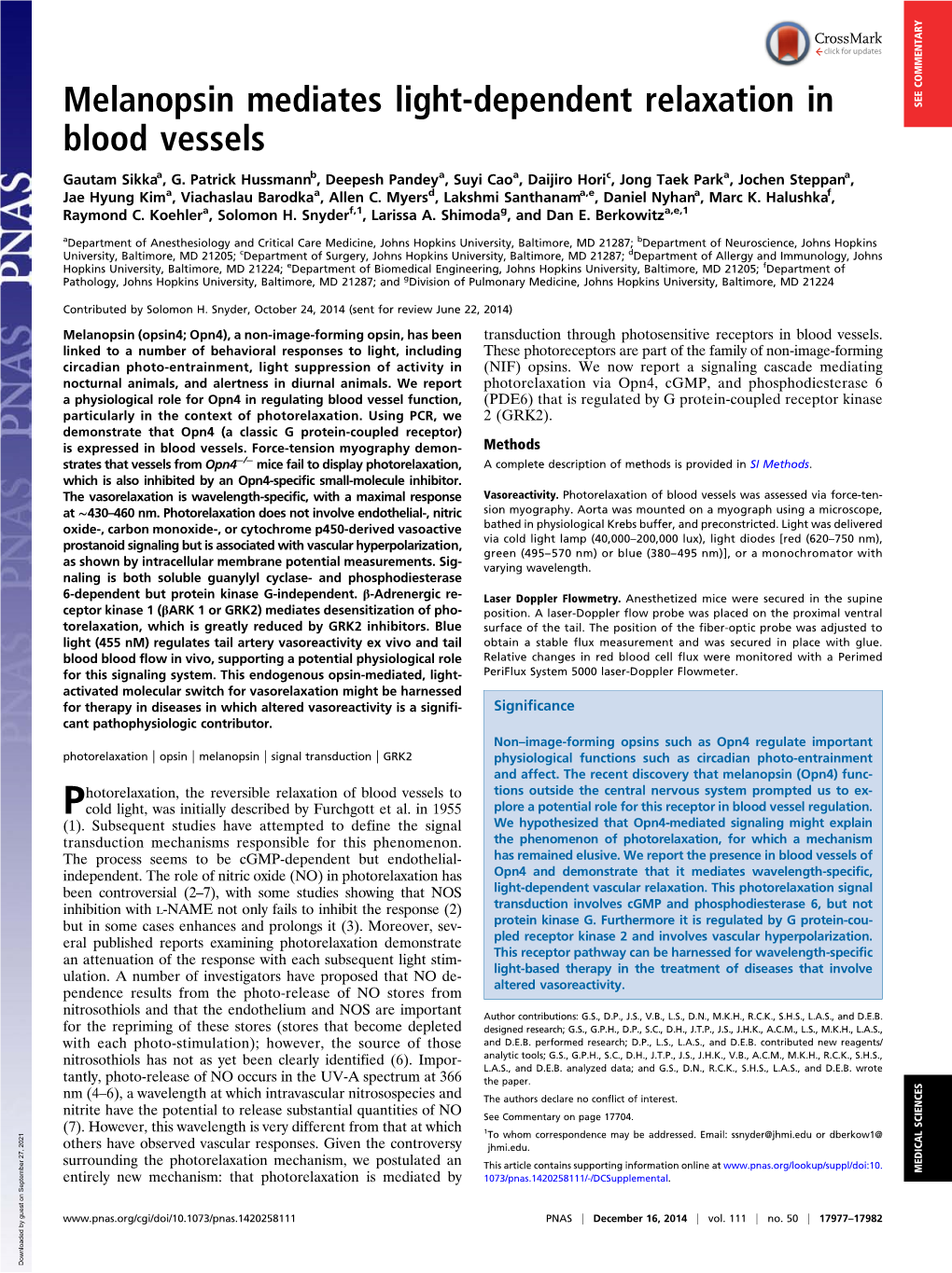 Melanopsin Mediates Light-Dependent Relaxation in Blood Vessels