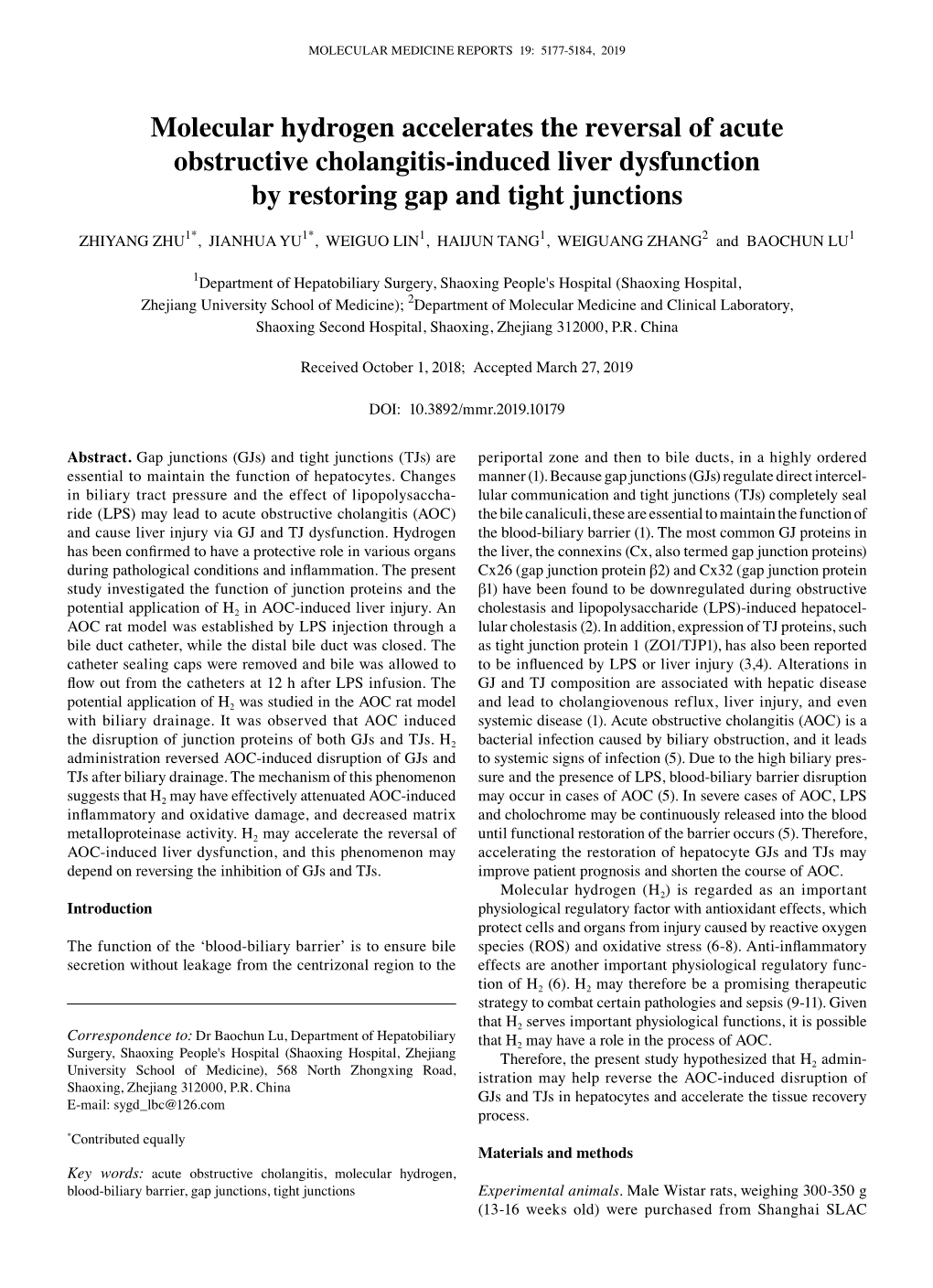 Molecular Hydrogen Accelerates the Reversal of Acute Obstructive Cholangitis‑Induced Liver Dysfunction by Restoring Gap and Tight Junctions