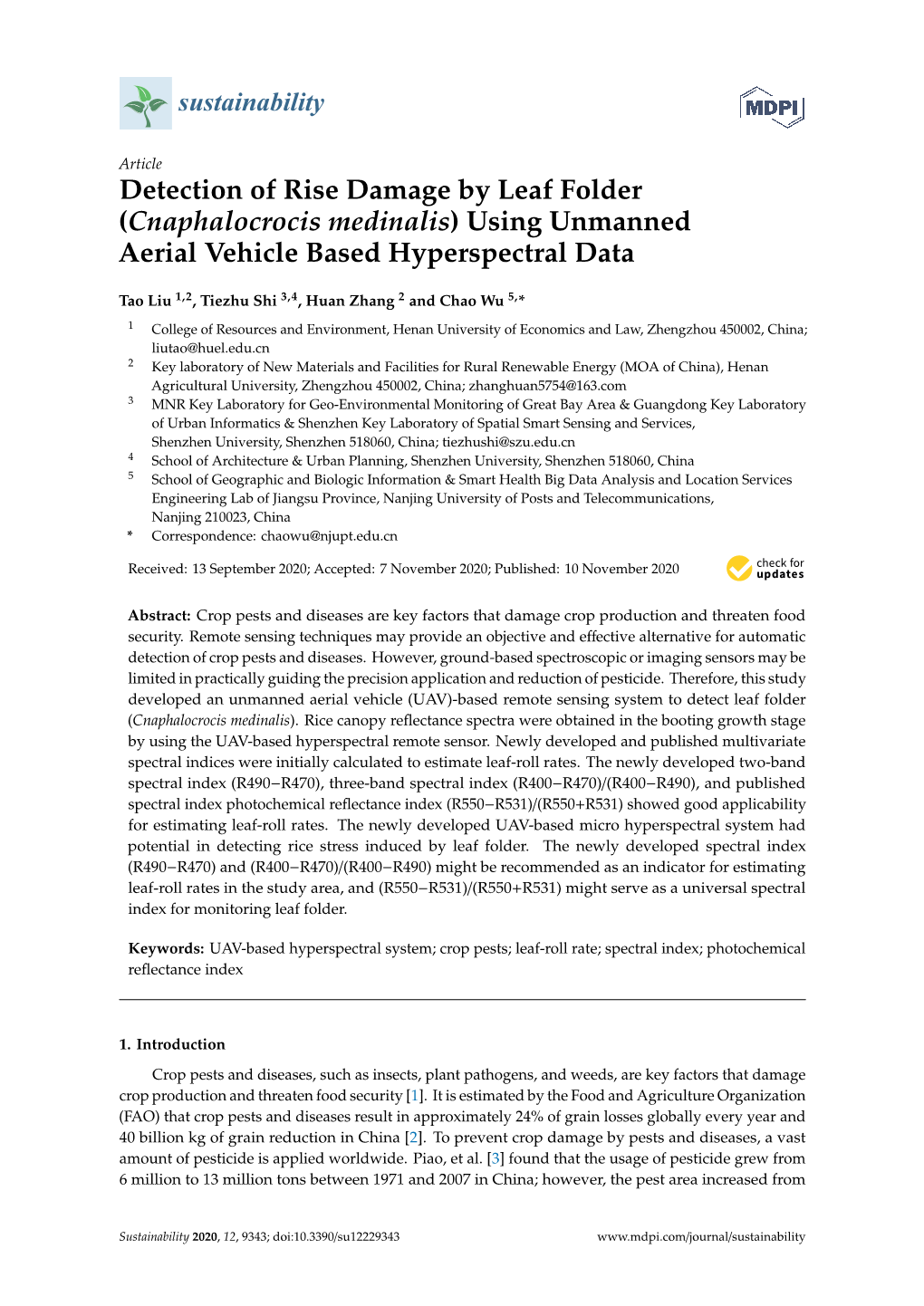 Cnaphalocrocis Medinalis) Using Unmanned Aerial Vehicle Based Hyperspectral Data