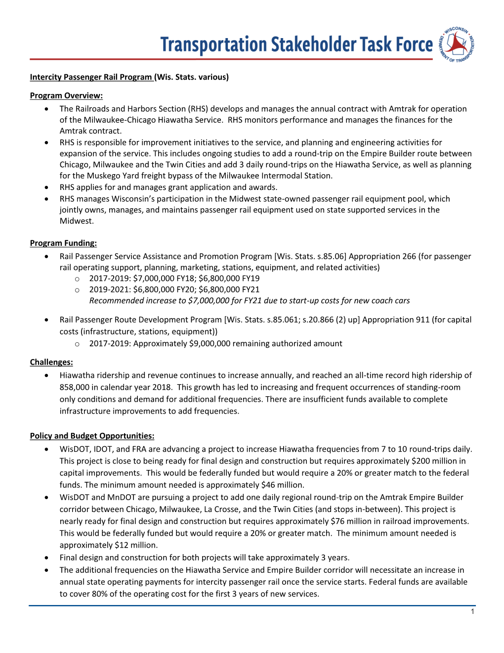 Transportation Stakeholder Task Force Intercity Passenger Rail