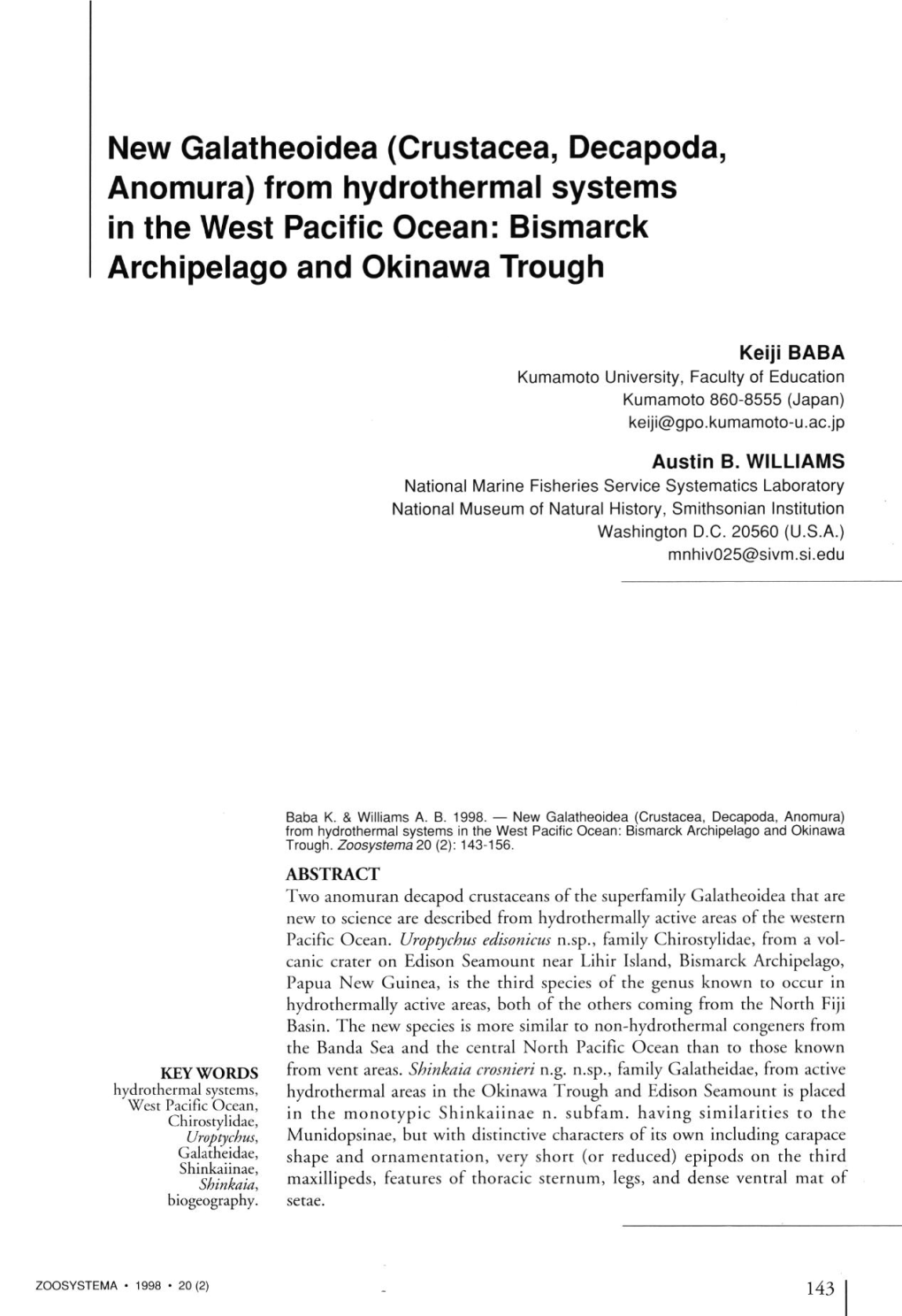 Crustacea, Decapoda, Anomura) from Hydrothermal Systems in the West Pacific Océan: Bismarck Archipelago and Okinawa Trough