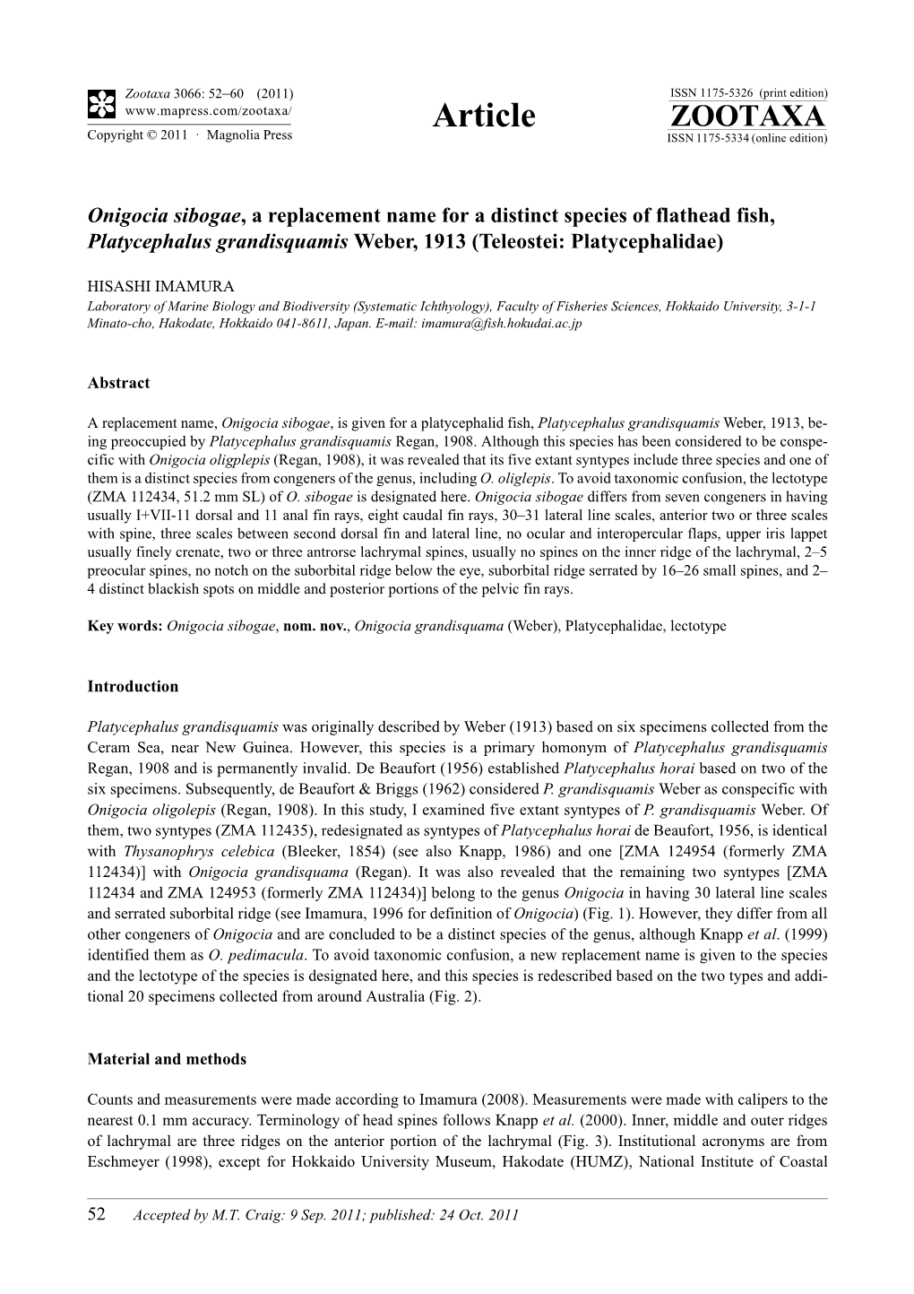 Onigocia Sibogae, a Replacement Name for a Distinct Species of Flathead Fish, Platycephalus Grandisquamis Weber, 1913 (Teleostei: Platycephalidae)