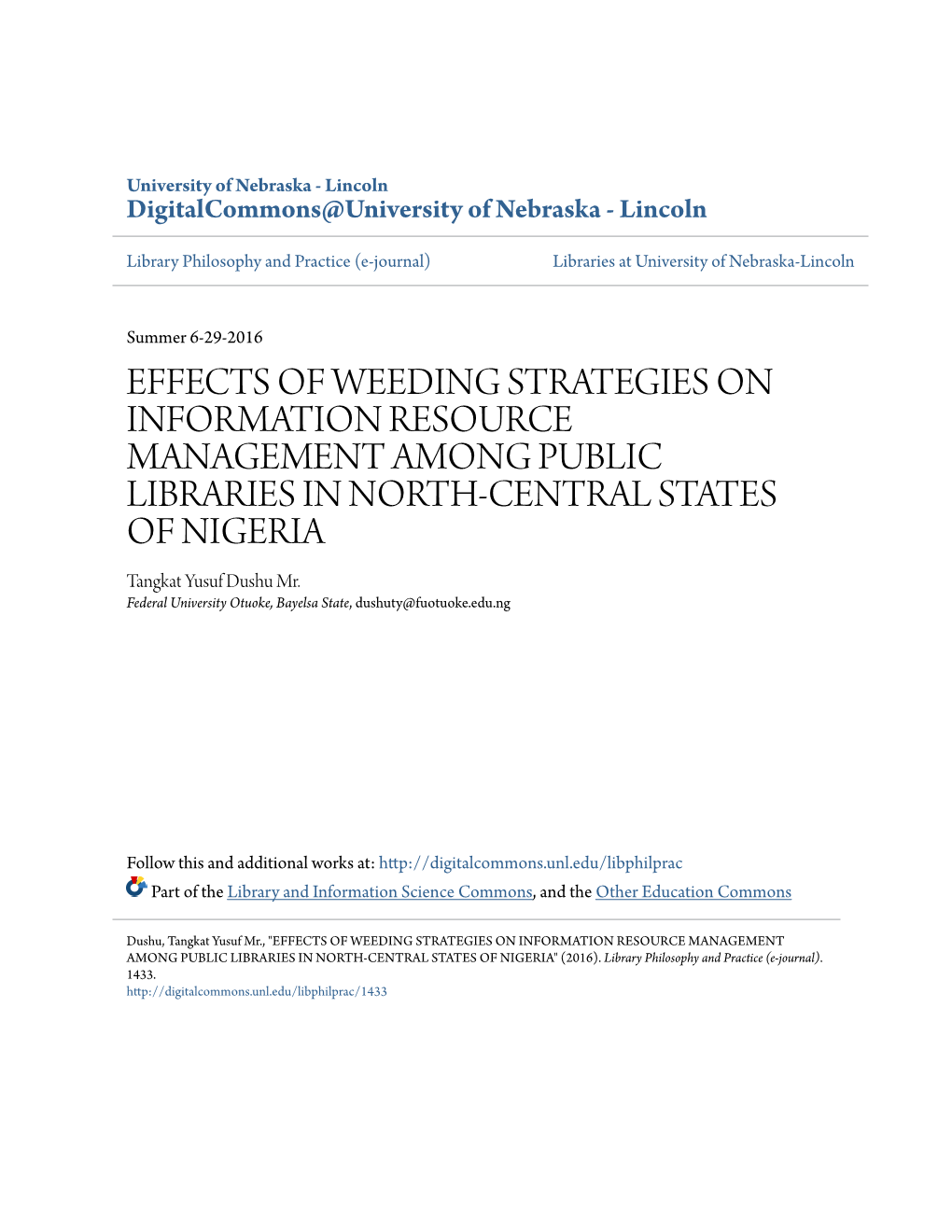 Effects of Weeding Strategies on Information Resource Management Among Public Libraries in North-Central States of Nigeria