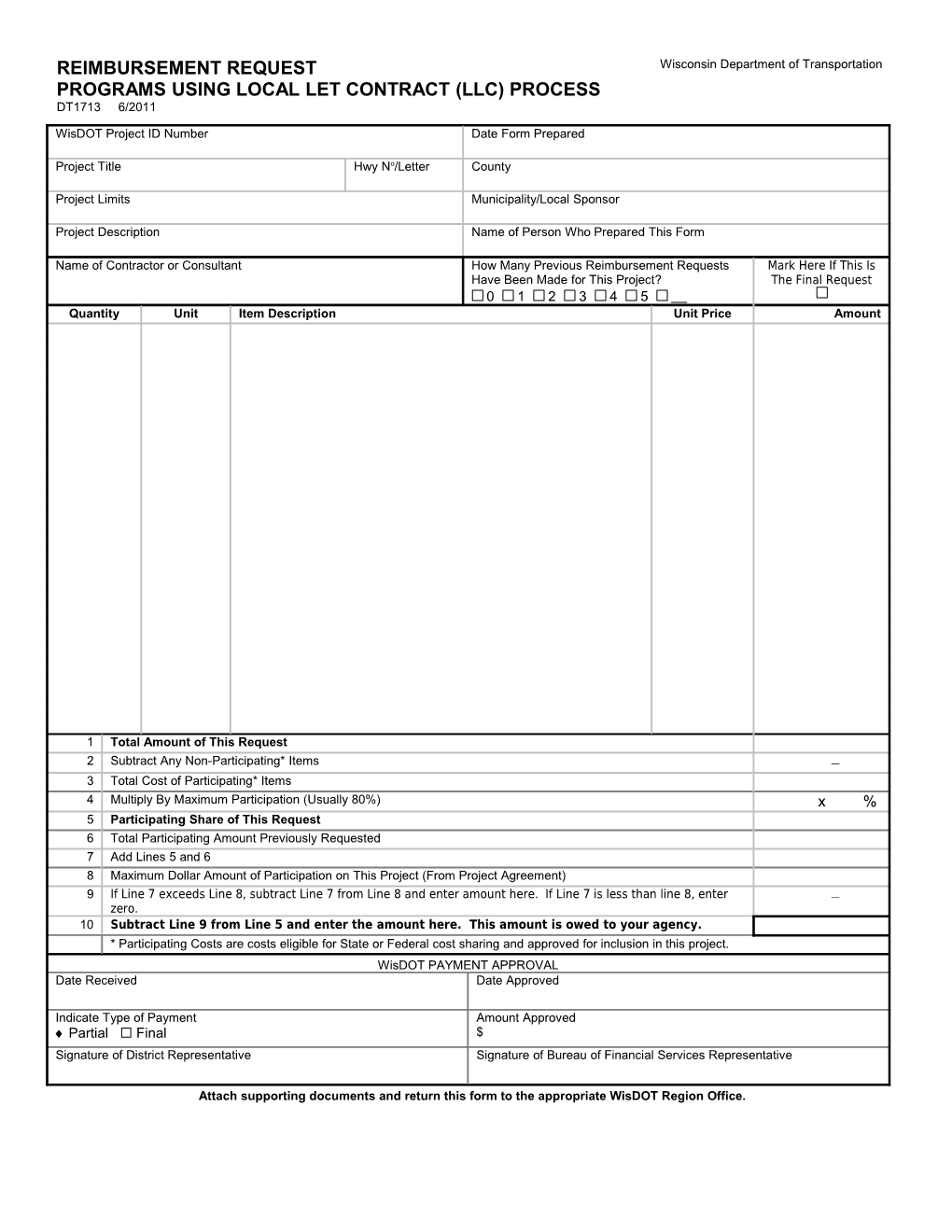 DT1713 Reimbursement for Programs Using Local Let Contract (LLC) Process Request