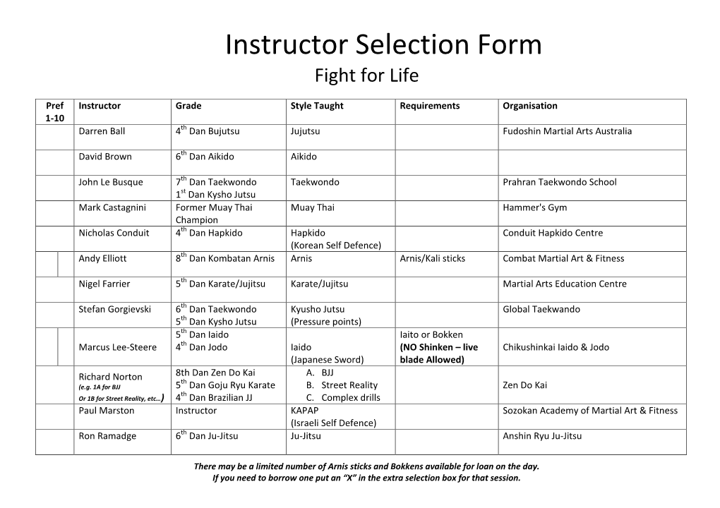 Instructor Selection Form Fight for Life