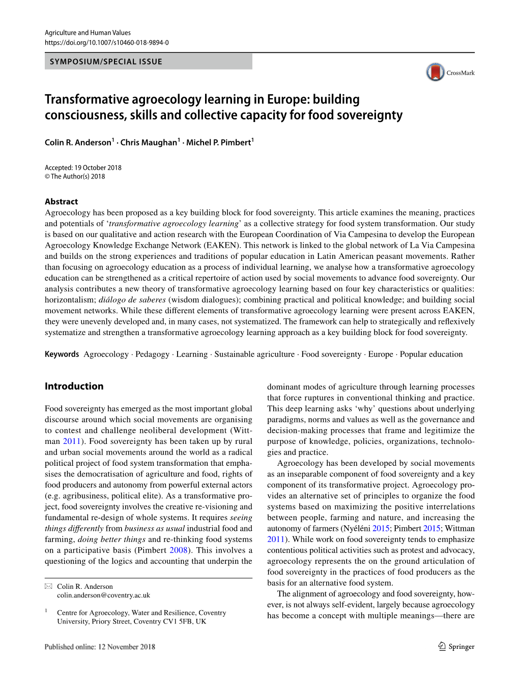 Transformative Agroecology Learning in Europe: Building Consciousness, Skills and Collective Capacity for Food Sovereignty