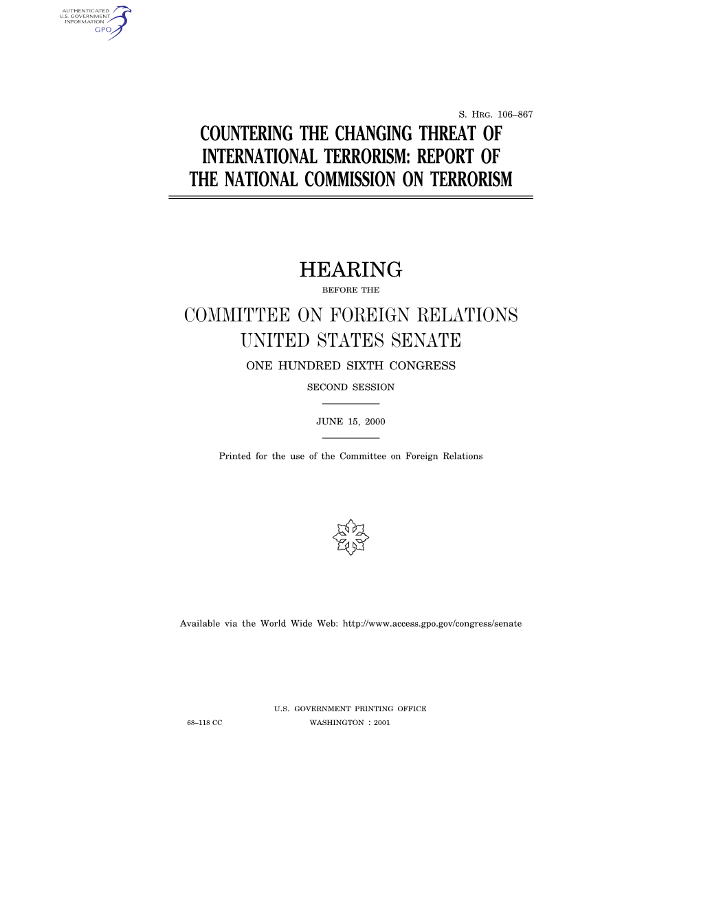 Countering the Changing Threat of International Terrorism: Report of the National Commission on Terrorism