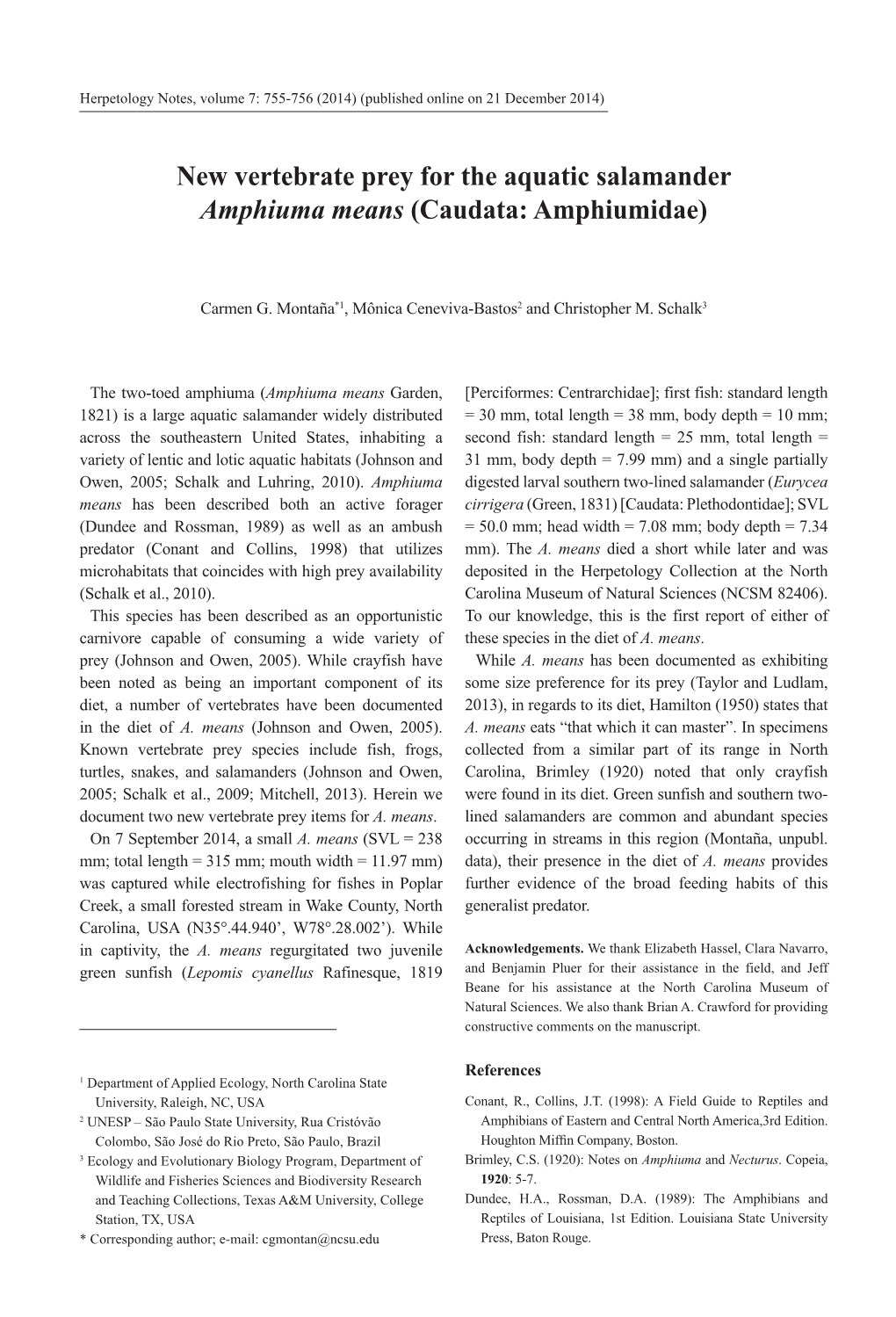 New Vertebrate Prey for the Aquatic Salamander Amphiuma Means (Caudata: Amphiumidae)