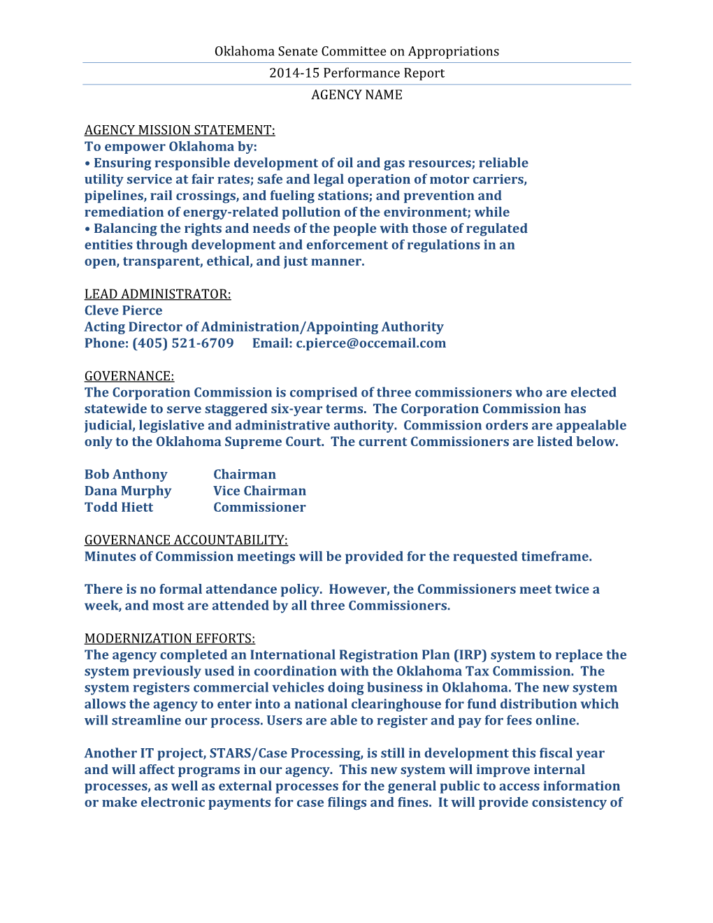 FY'15 Corporation Commission Performance