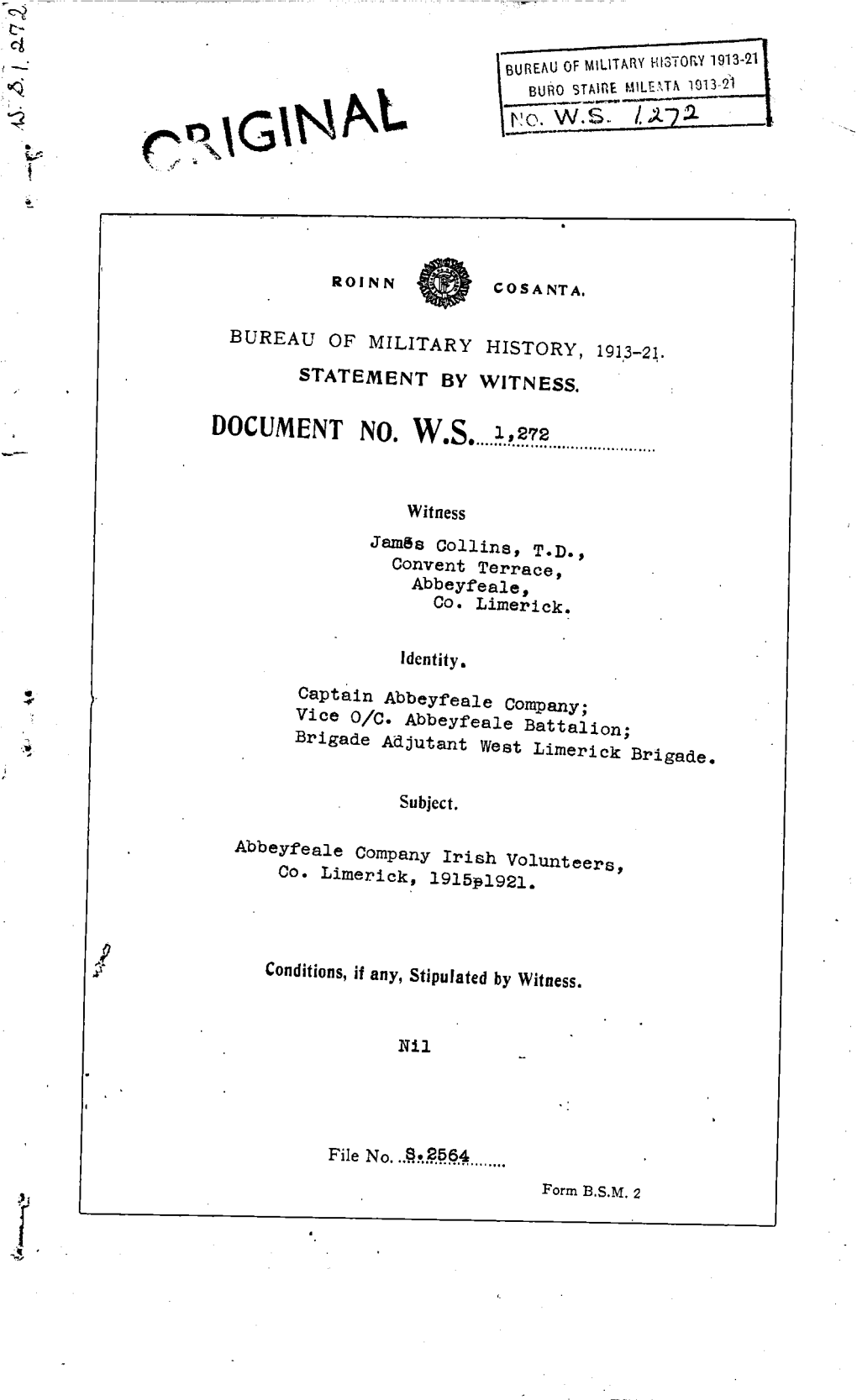 ORIGINAL BUREAUOFMILITARYHISTORY1913-21 BUROSTAIREMILEATA1913-21 No. W.S. 1,272 ROINN COSANTA. BUREAU of MILITARY HISTORY, 1913