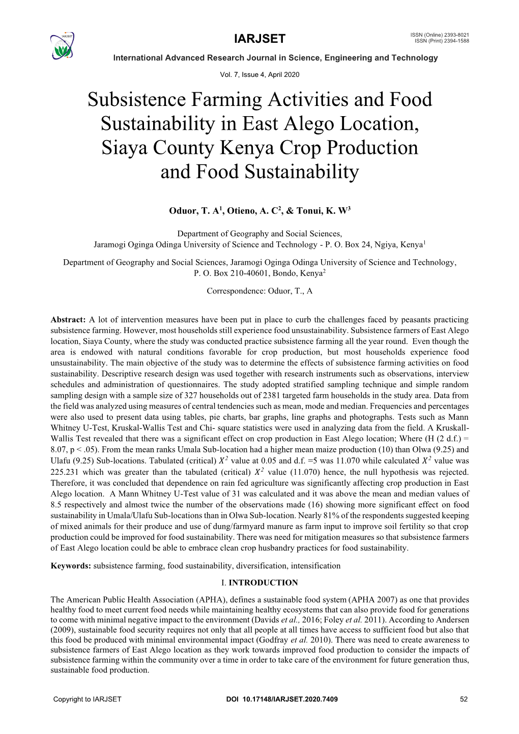 Subsistence Farming Activities and Food Sustainability in East Alego Location, Siaya County Kenya Crop Production and Food Sustainability