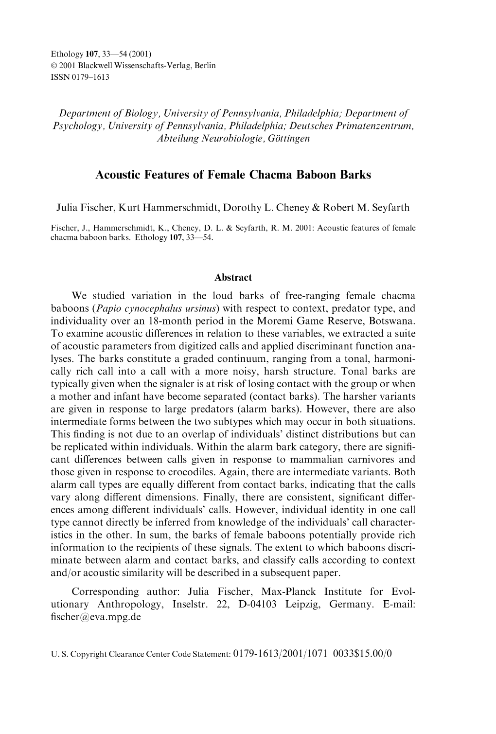 Acoustic Features of Female Chacma Baboon Barks