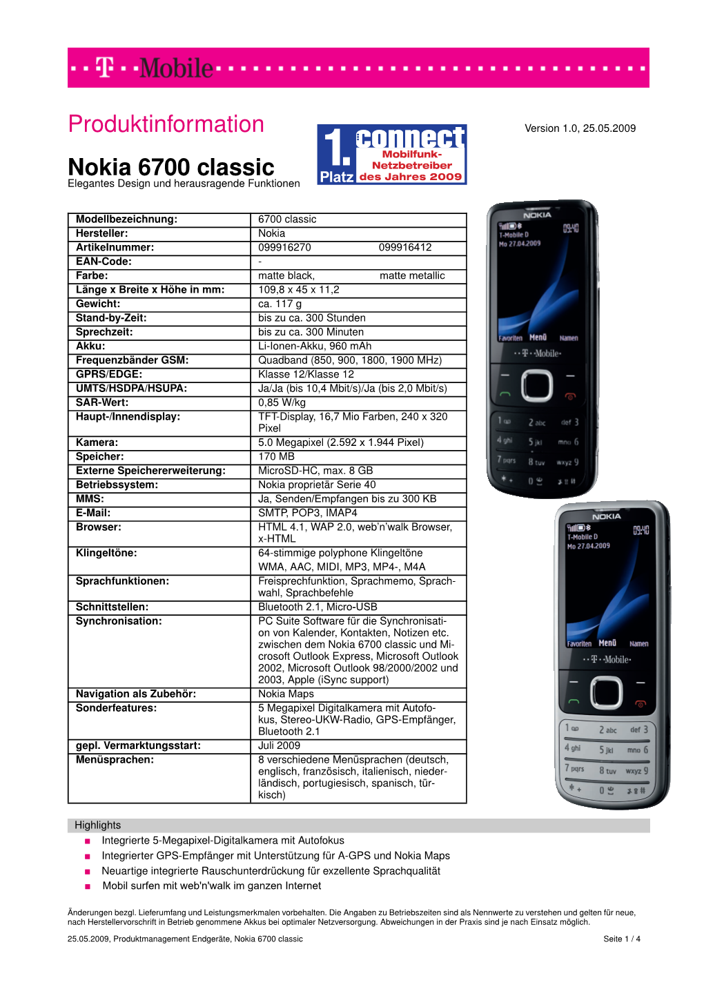 Nokia 6700 Classic Platz Des Jahres 2009 Elegantes Design Und Herausragende Funktionen