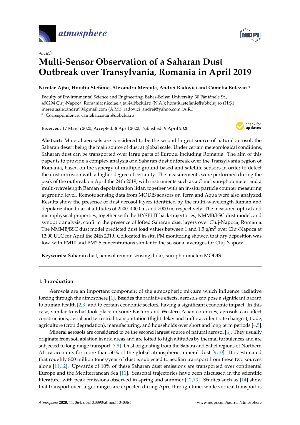 Multi-Sensor Observation of a Saharan Dust Outbreak Over Transylvania, Romania in April 2019