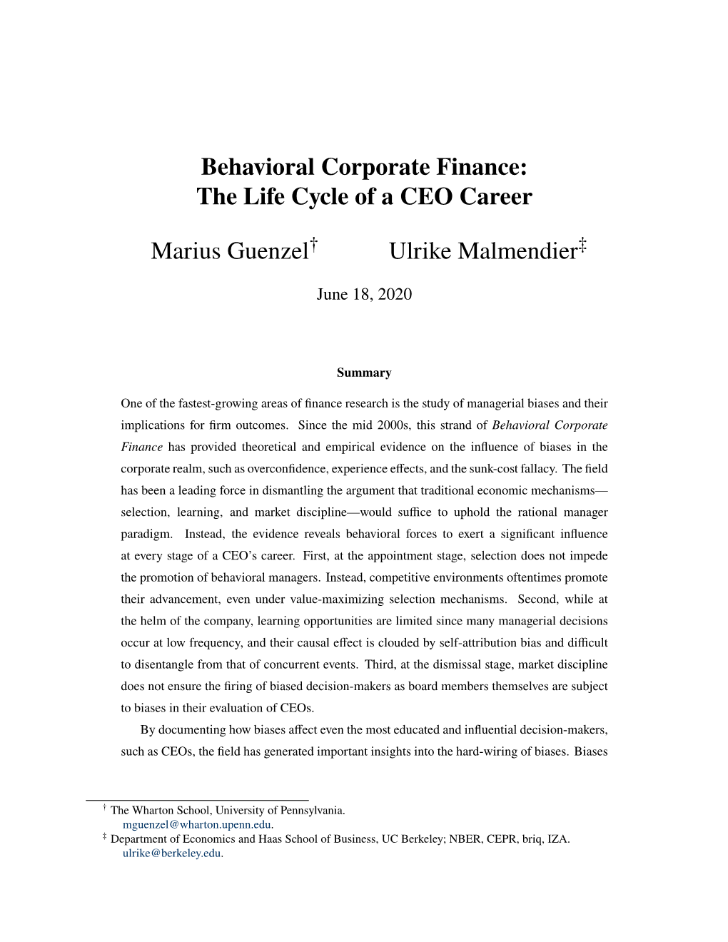 Behavioral Corporate Finance: the Life Cycle of a CEO Career