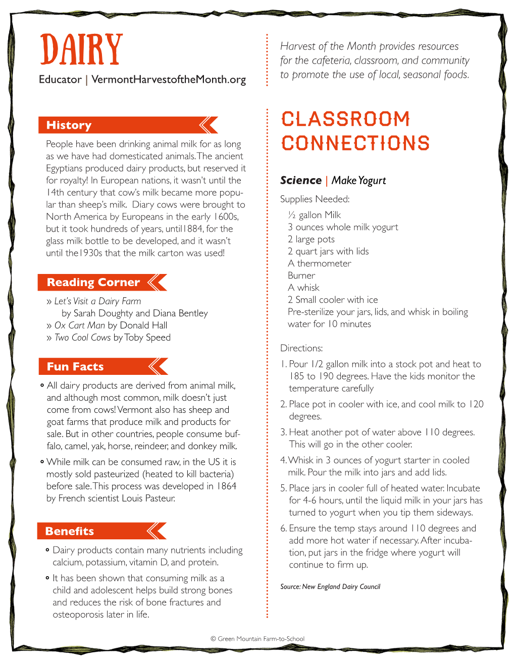 DAIRY for the Cafeteria, Classroom, and Community Educator | Vermontharvestofthemonth.Org to Promote the Use of Local, Seasonal Foods